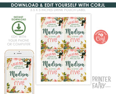 Tropical Birds Birthday Drink Pouch Label, Editable (Instant Download)