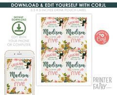 Tropical Birds Birthday Drink Pouch Label, Editable (Instant Download)