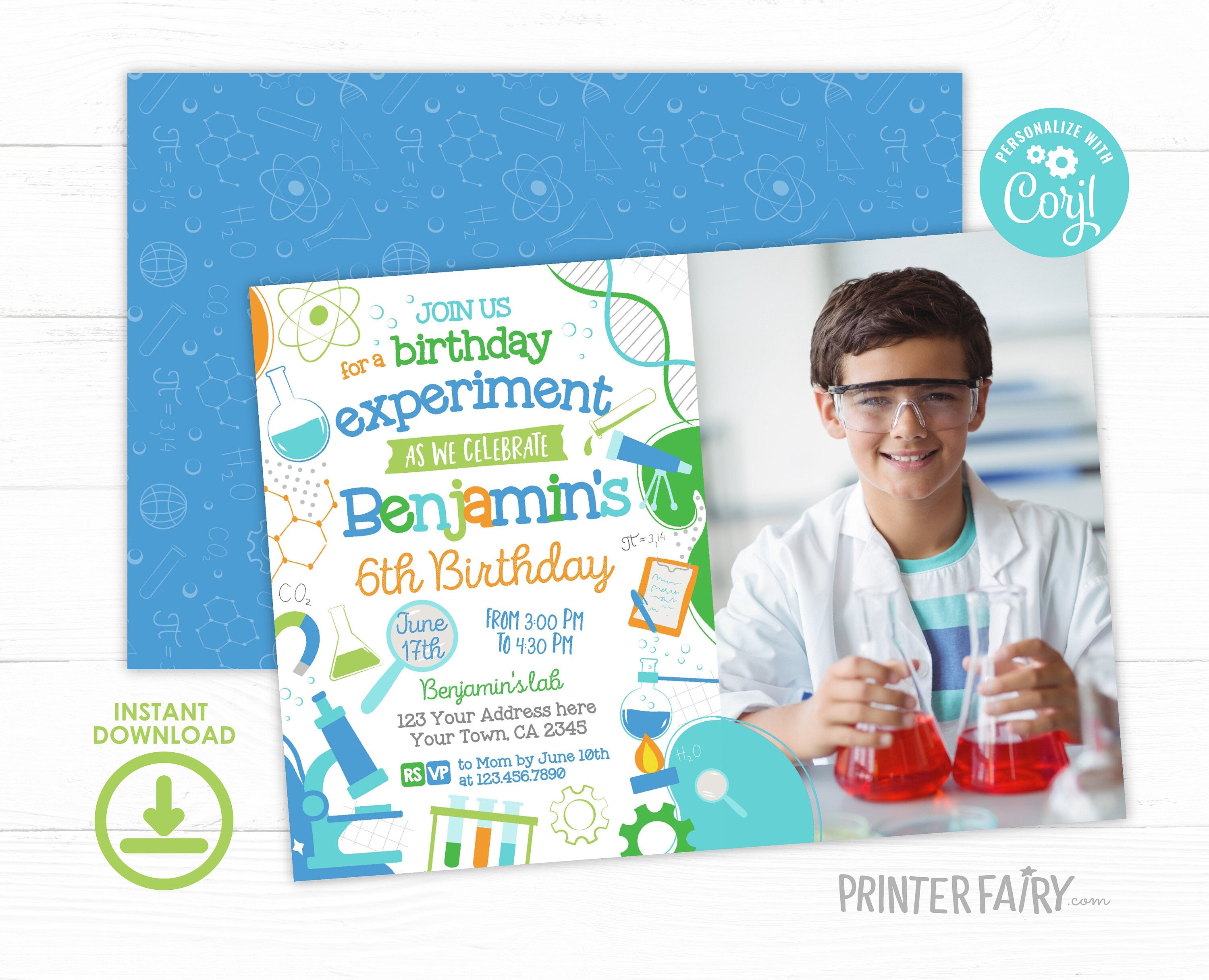 Editable Science Birthday Party Photo Invitation (Digital Item)