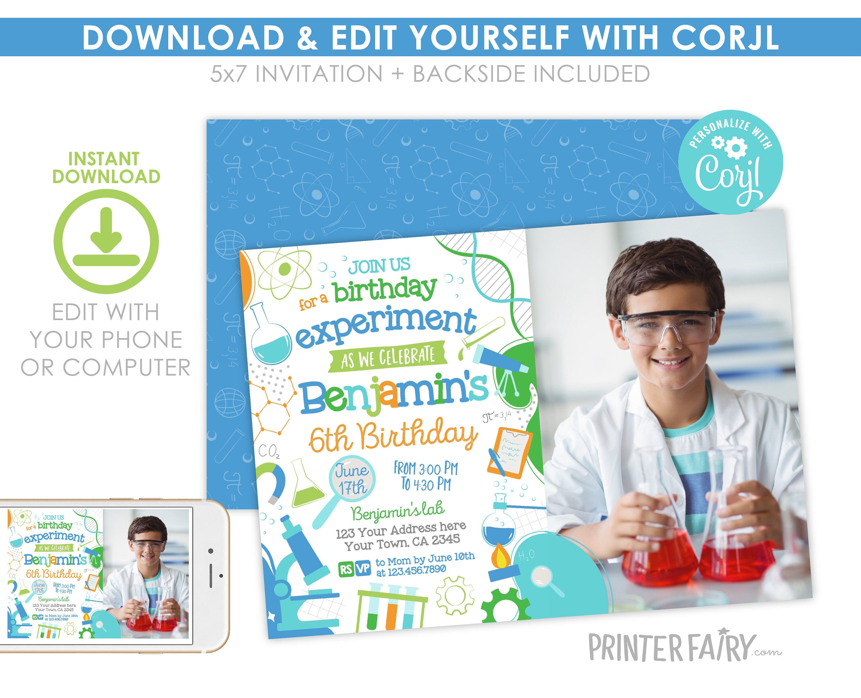 Editable Science Birthday Party Photo Invitation (Digital Item)