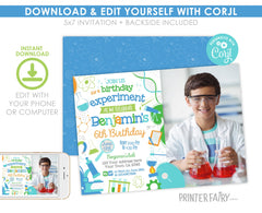 Editable Science Birthday Party Photo Invitation (Digital Item)