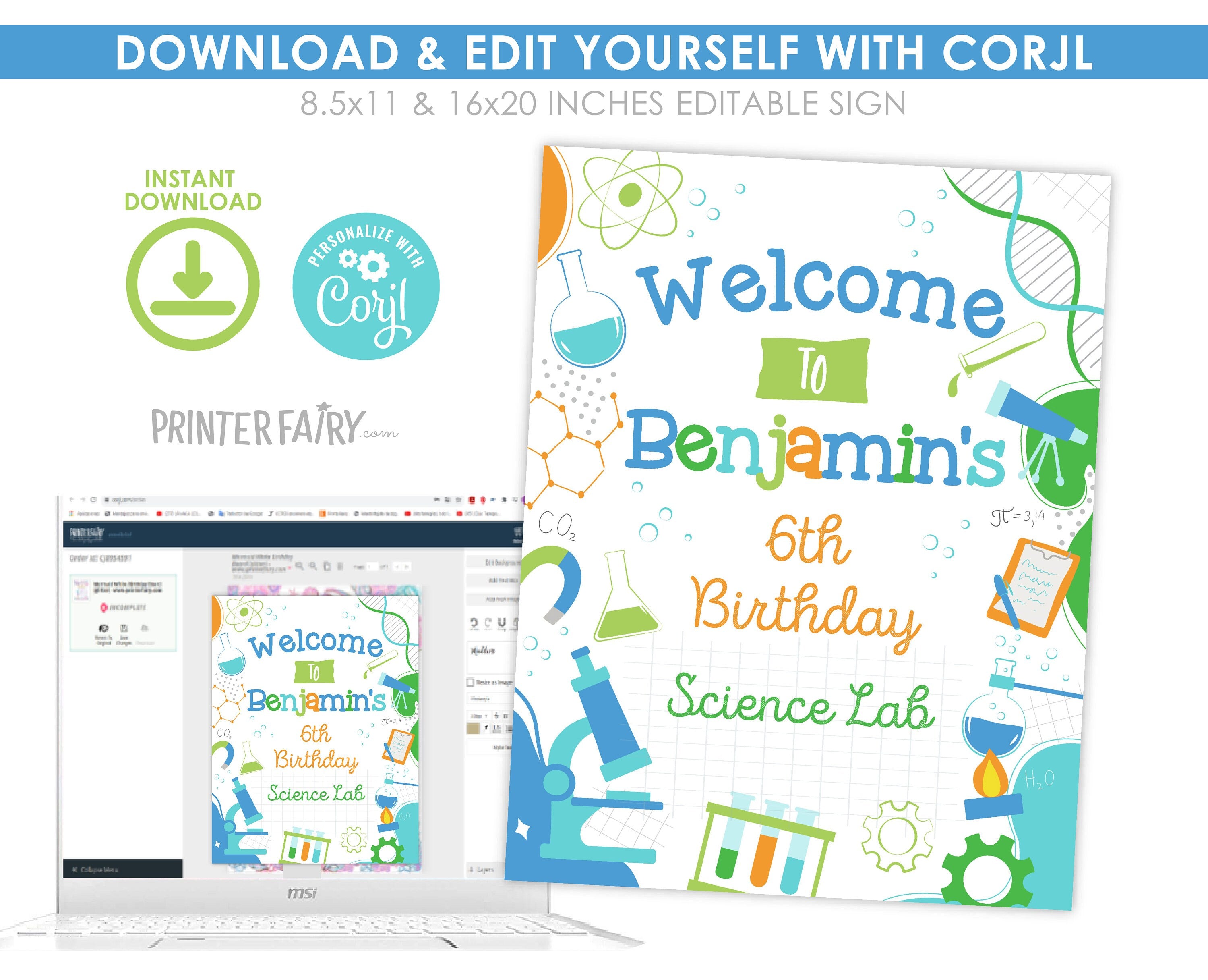 Editable Science Birthday Welcome Sign, Lab Theme (Digital Download)