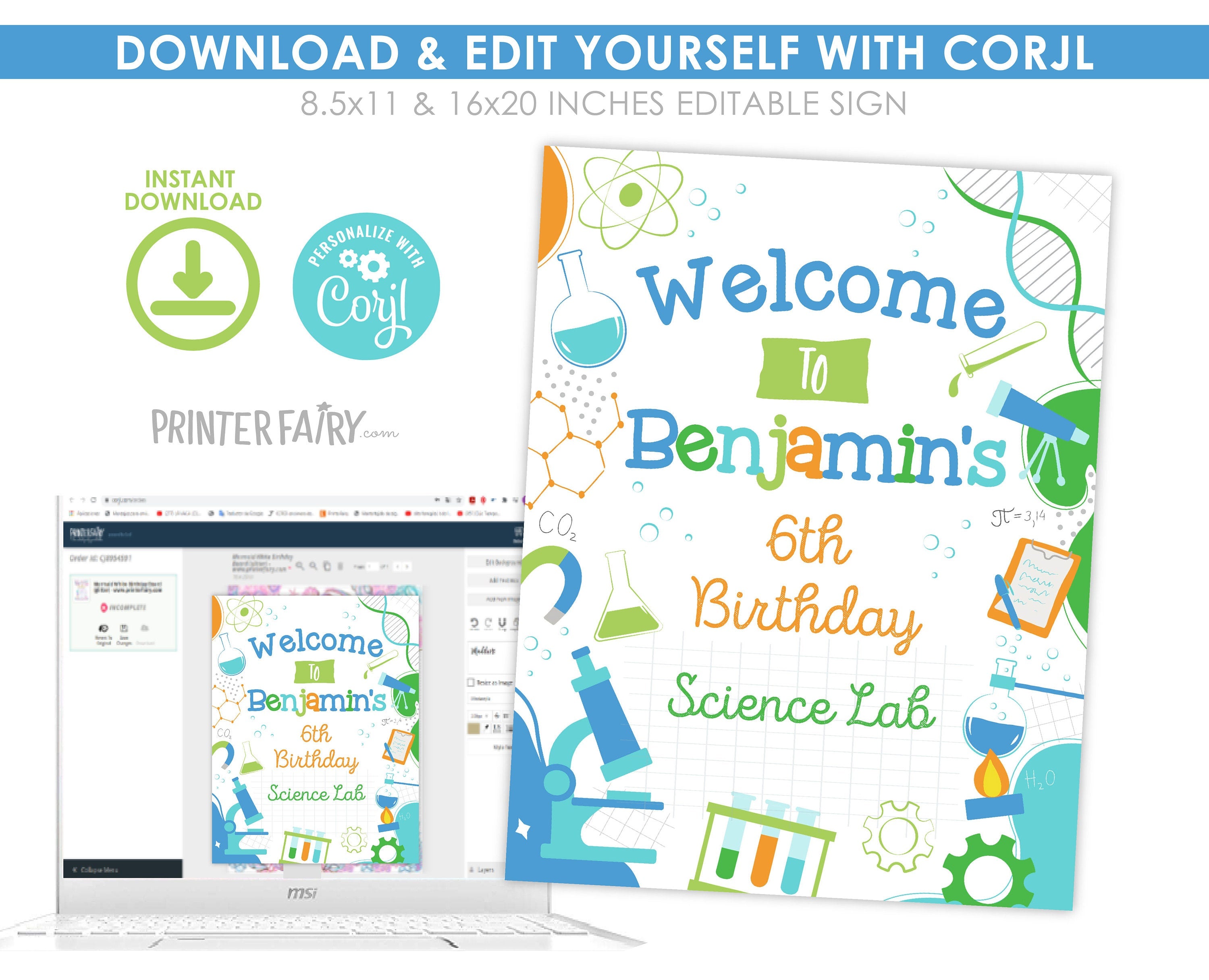 Editable Science Birthday Welcome Sign, Lab Theme (Digital Download)