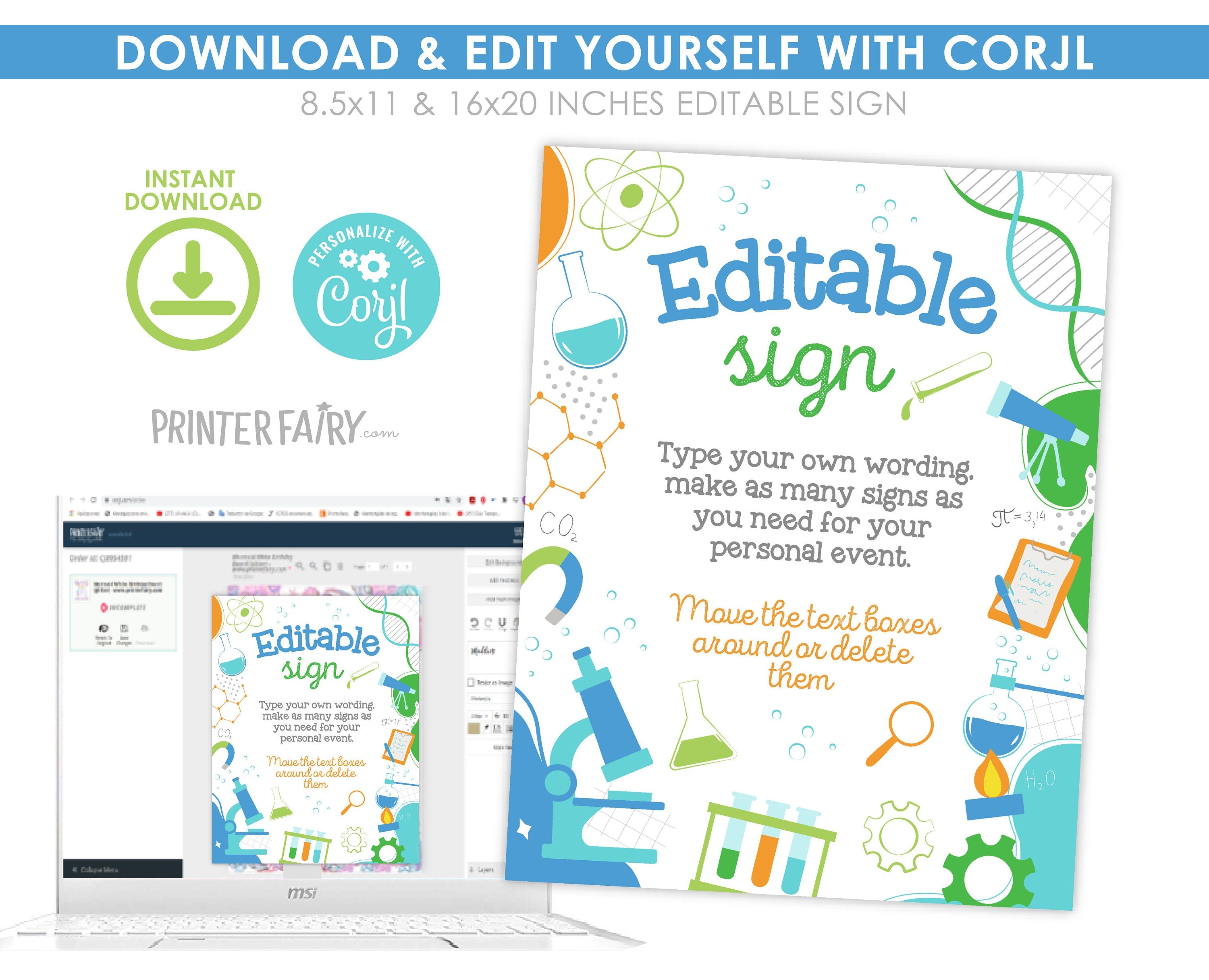 Editable Science Birthday Party Sign (Digital Download)