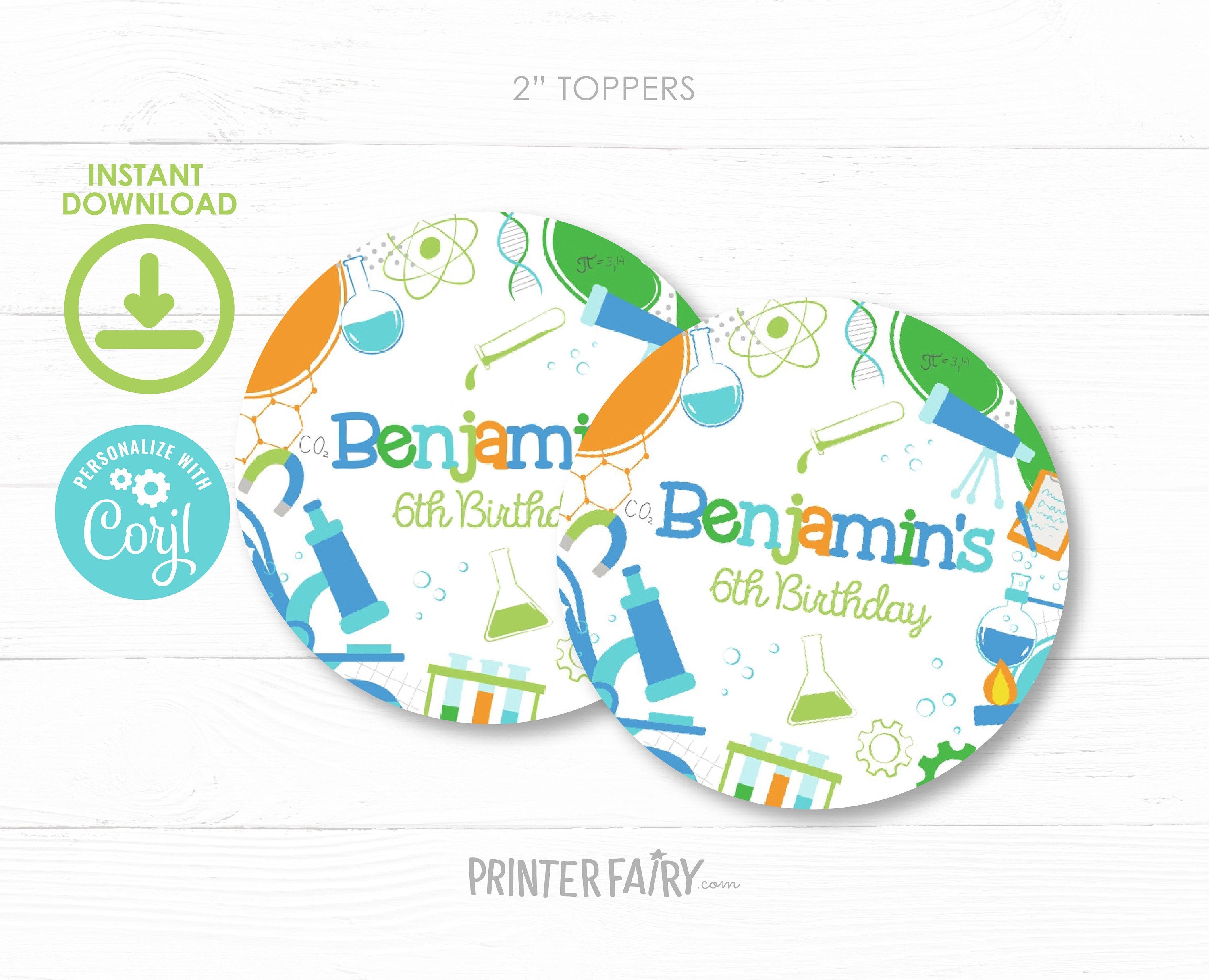 Editable Science Birthday Party Toppers, Printable Labels (Digital Download)