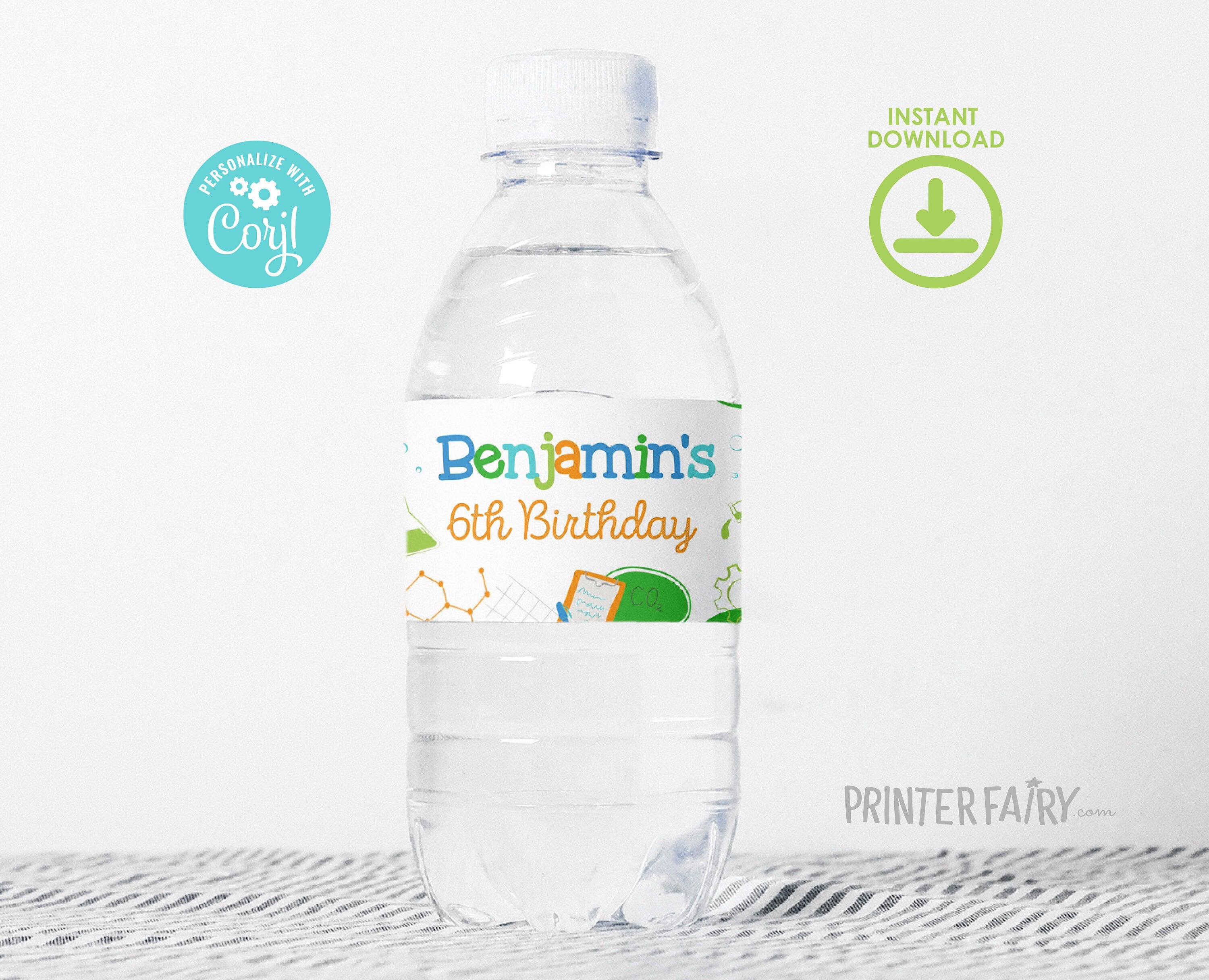Editable Science Birthday Party Water Bottle Label (Digital Download)