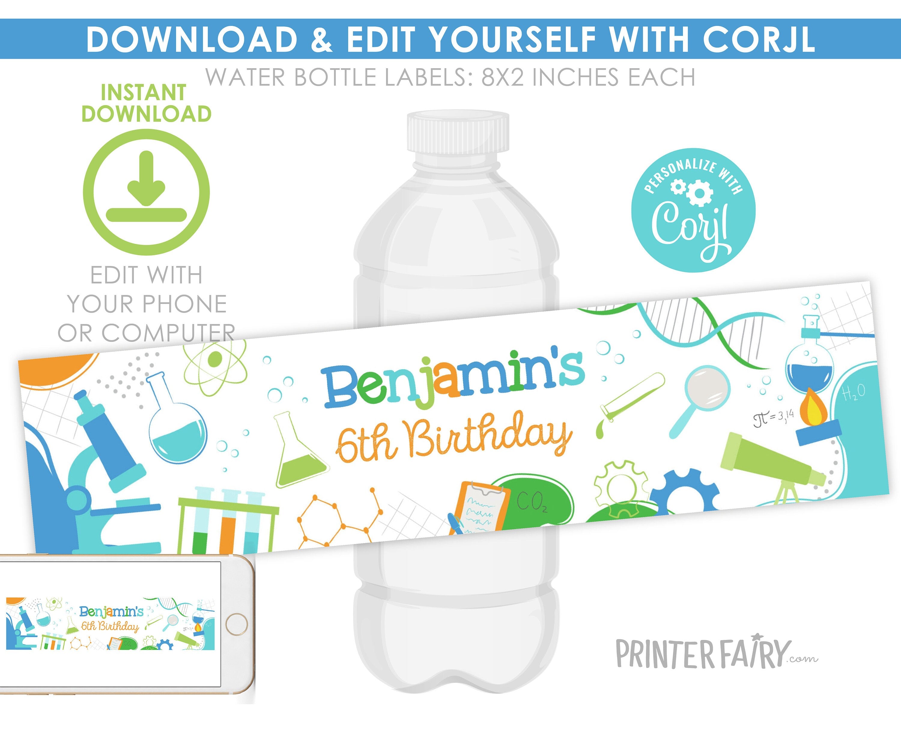 Editable Science Birthday Party Water Bottle Label (Digital Download)