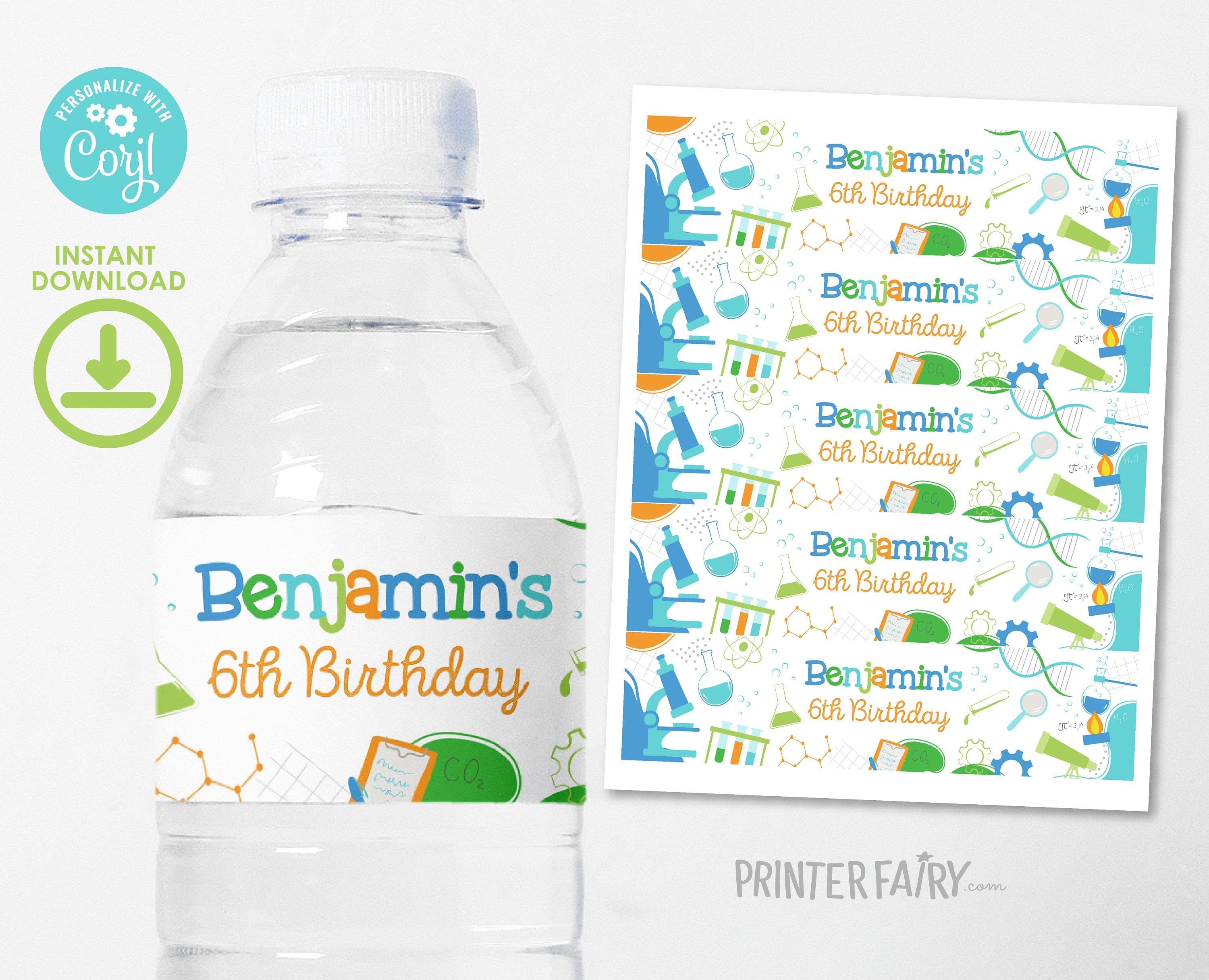 Editable Science Birthday Party Water Bottle Label (Digital Download)
