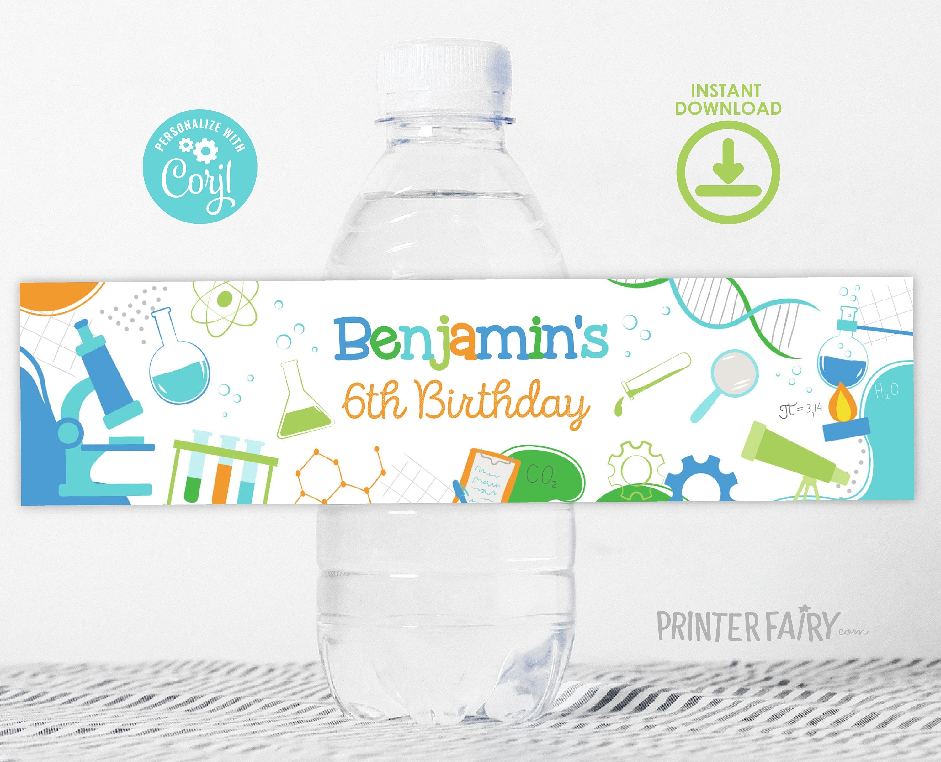 Editable Science Birthday Party Water Bottle Label (Digital Download)