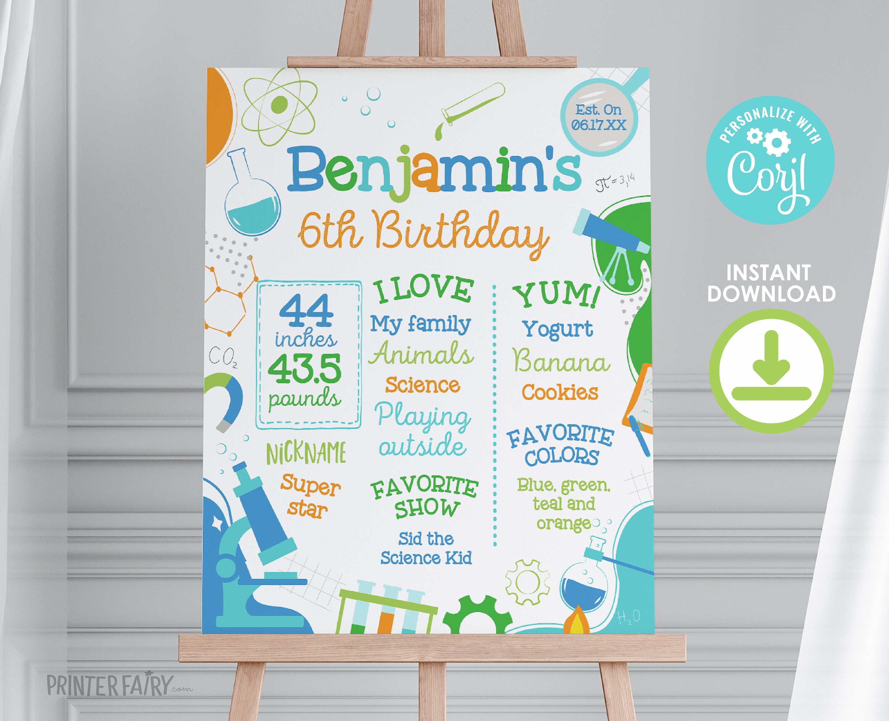 Editable Science Birthday Board, Party Milestones Sign (Digital Download)