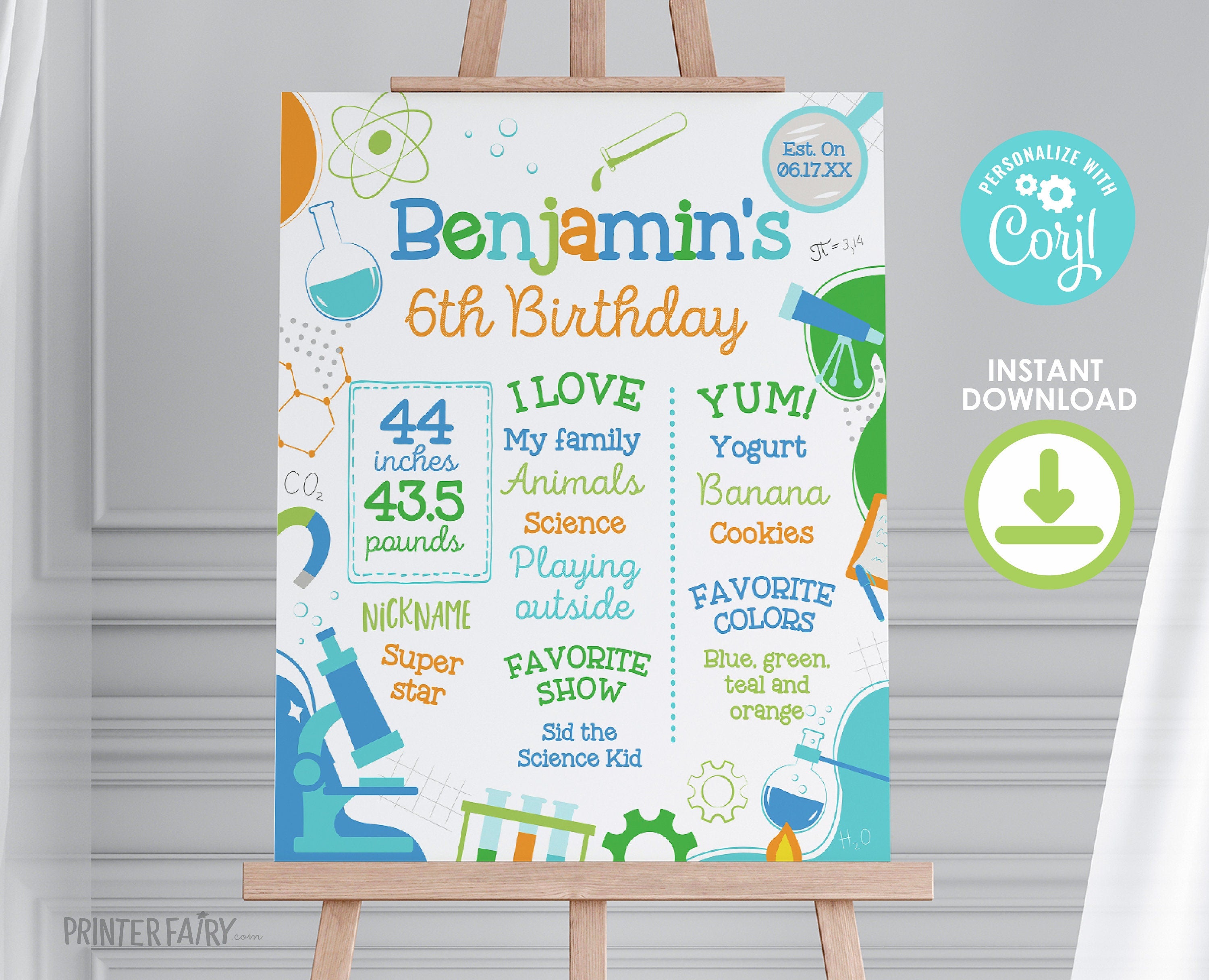 Editable Science Birthday Board, Party Milestones Sign (Digital Download)