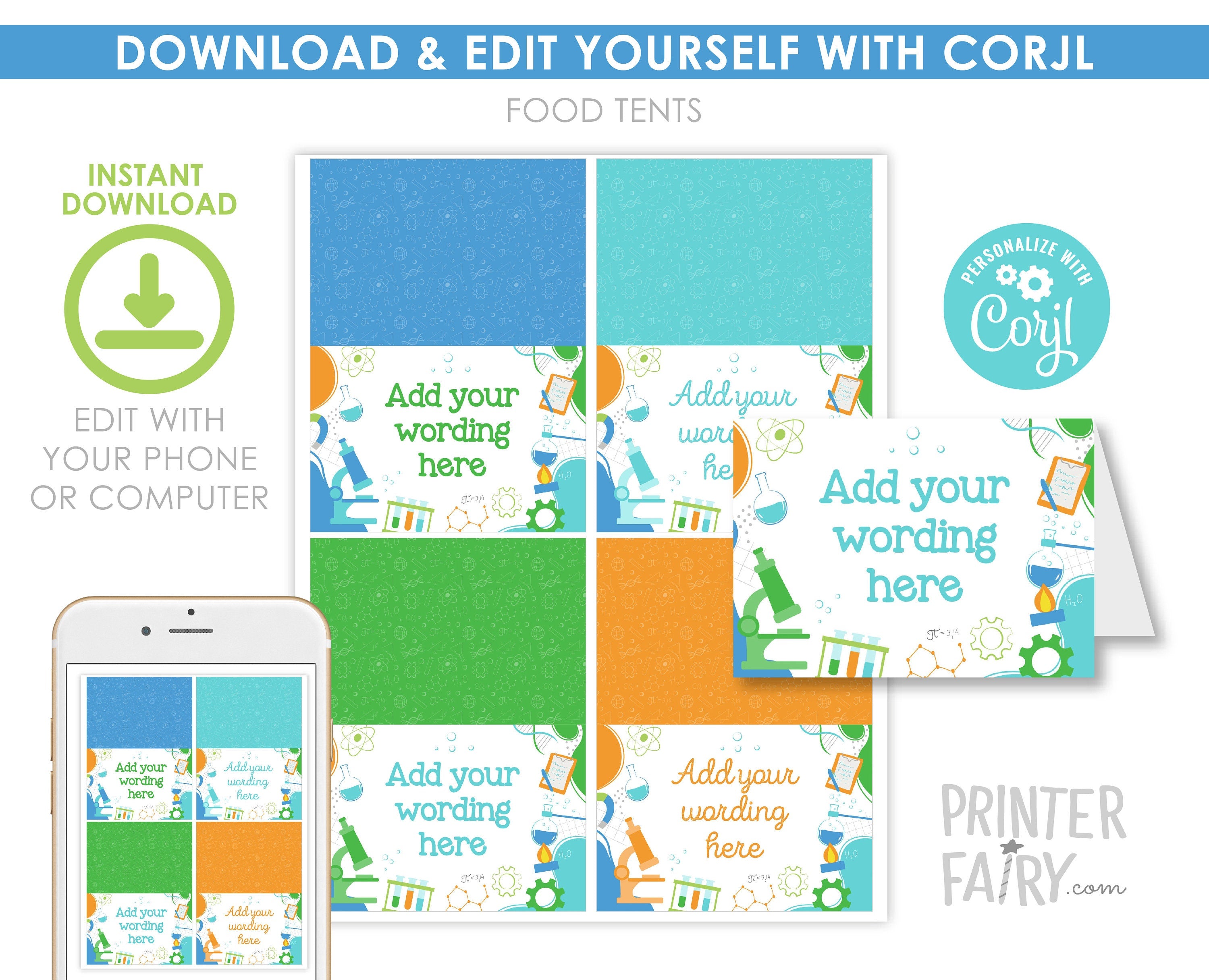 Editable Science Birthday Food Tents, Printable Party Decor (Digital Item)