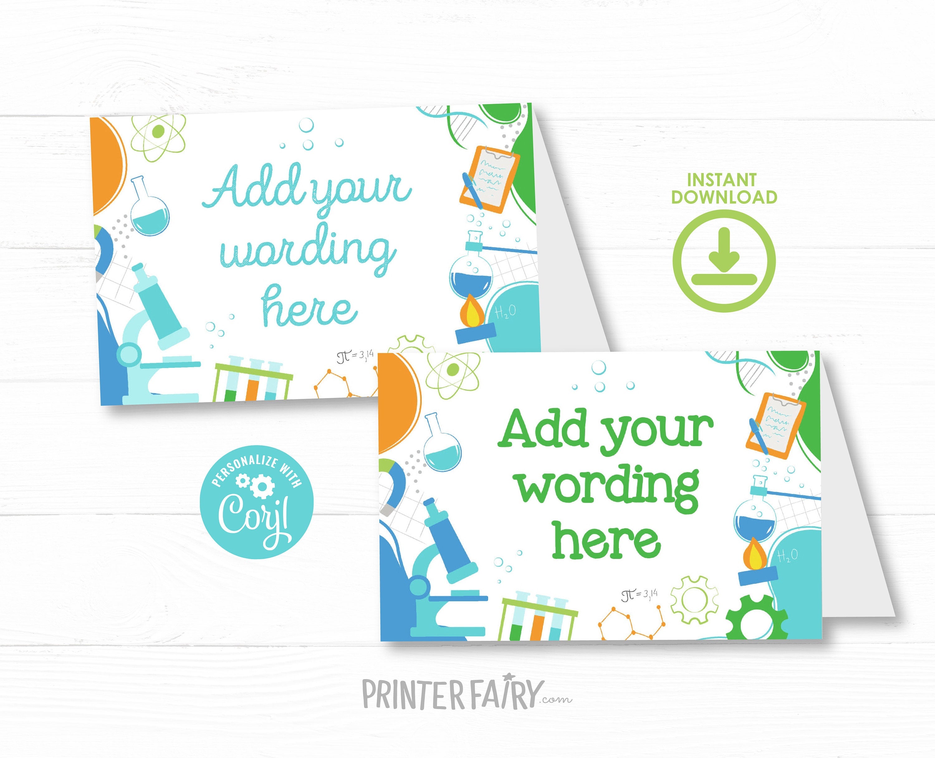 Editable Science Birthday Food Tents, Printable Party Decor (Digital Item)