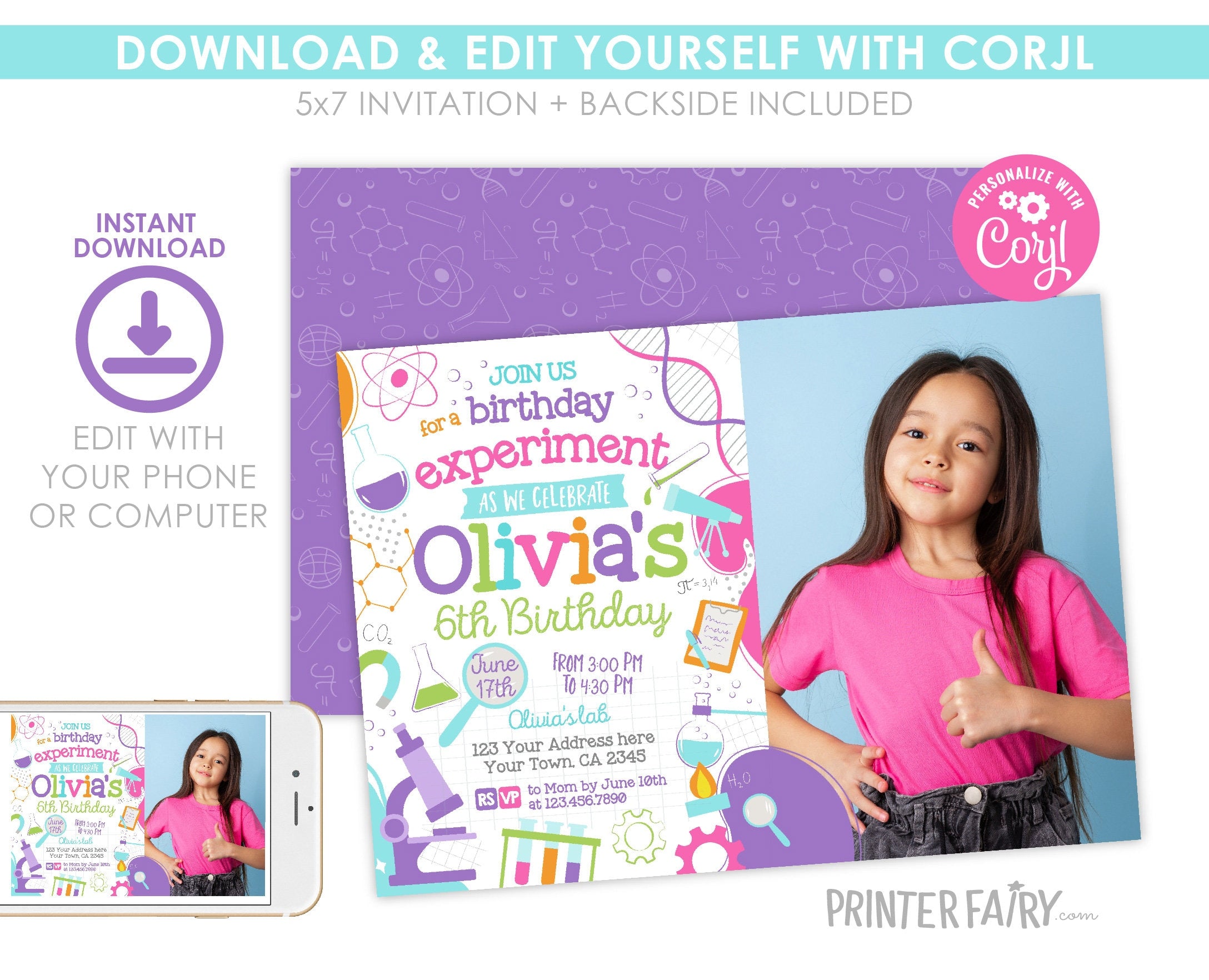 Science Birthday Photo Invitation, Editable Party Decor (Digital Item)