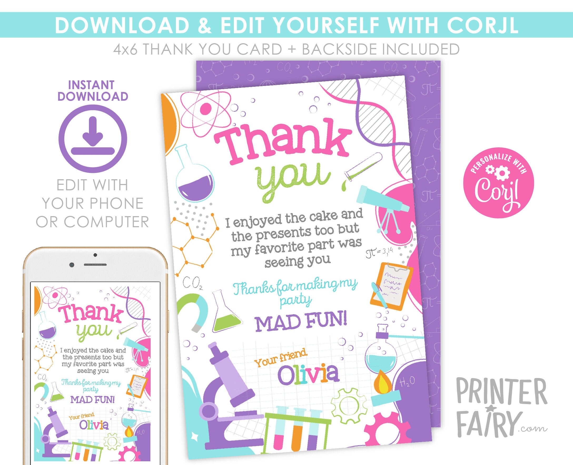 Editable Science Birthday Thank You Card (Digital Download)
