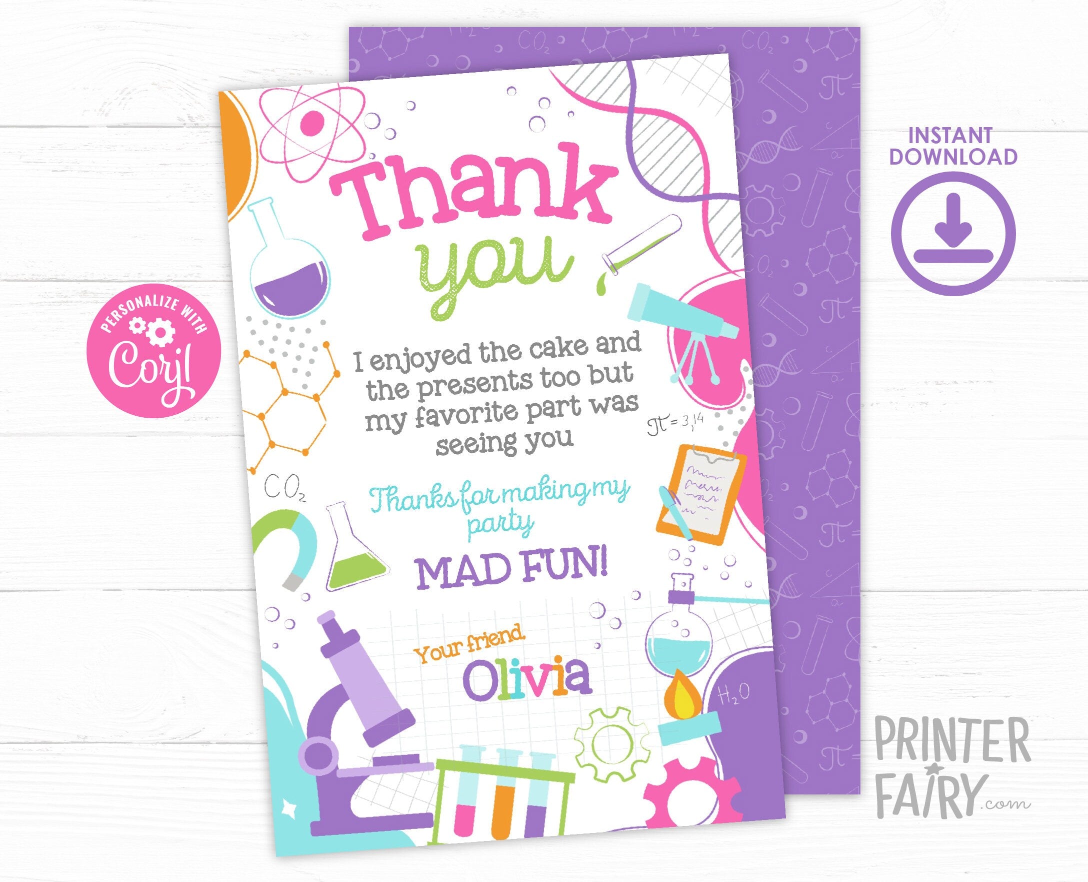 Editable Science Birthday Thank You Card (Digital Download)