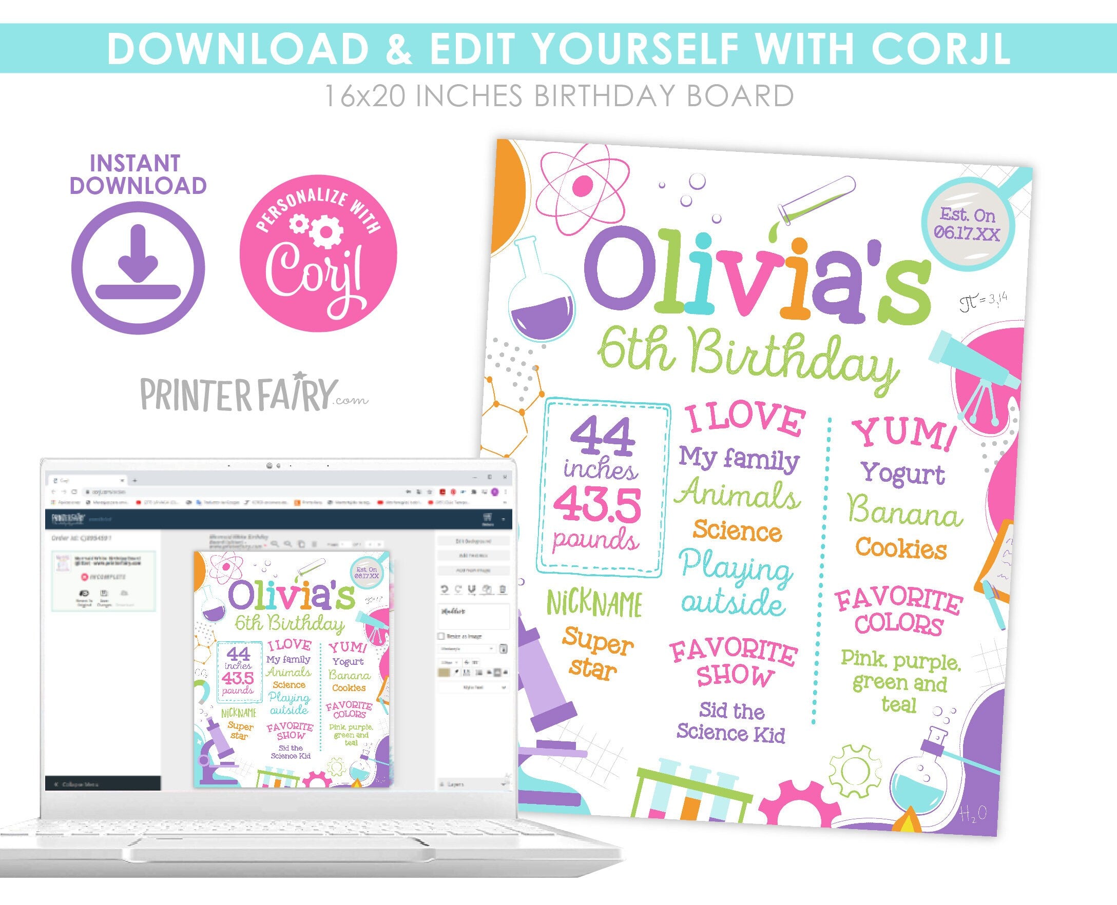 Editable Science Birthday Board, Mad Scientist Party (Digital)