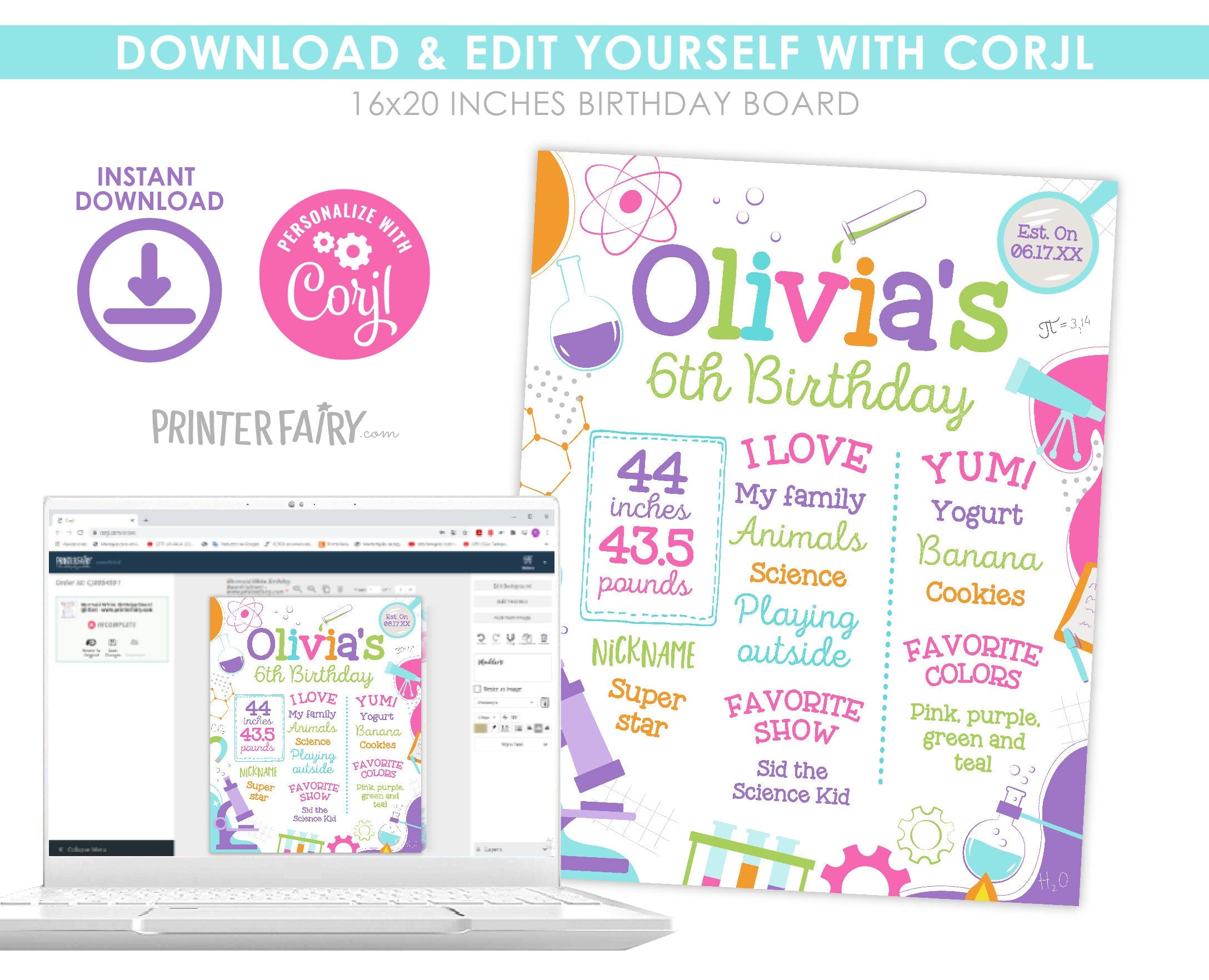 Editable Science Birthday Board, Mad Scientist Party (Digital)