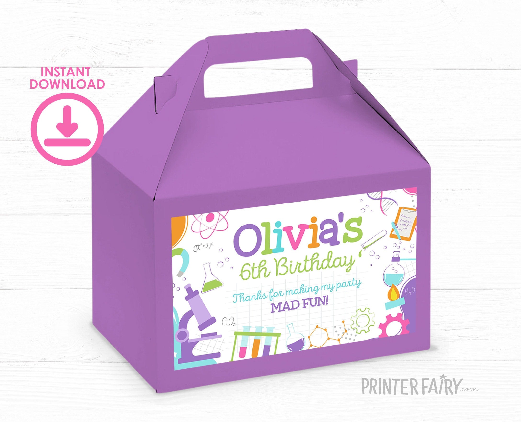 Editable Science Birthday Party Gable Box Label (Digital)