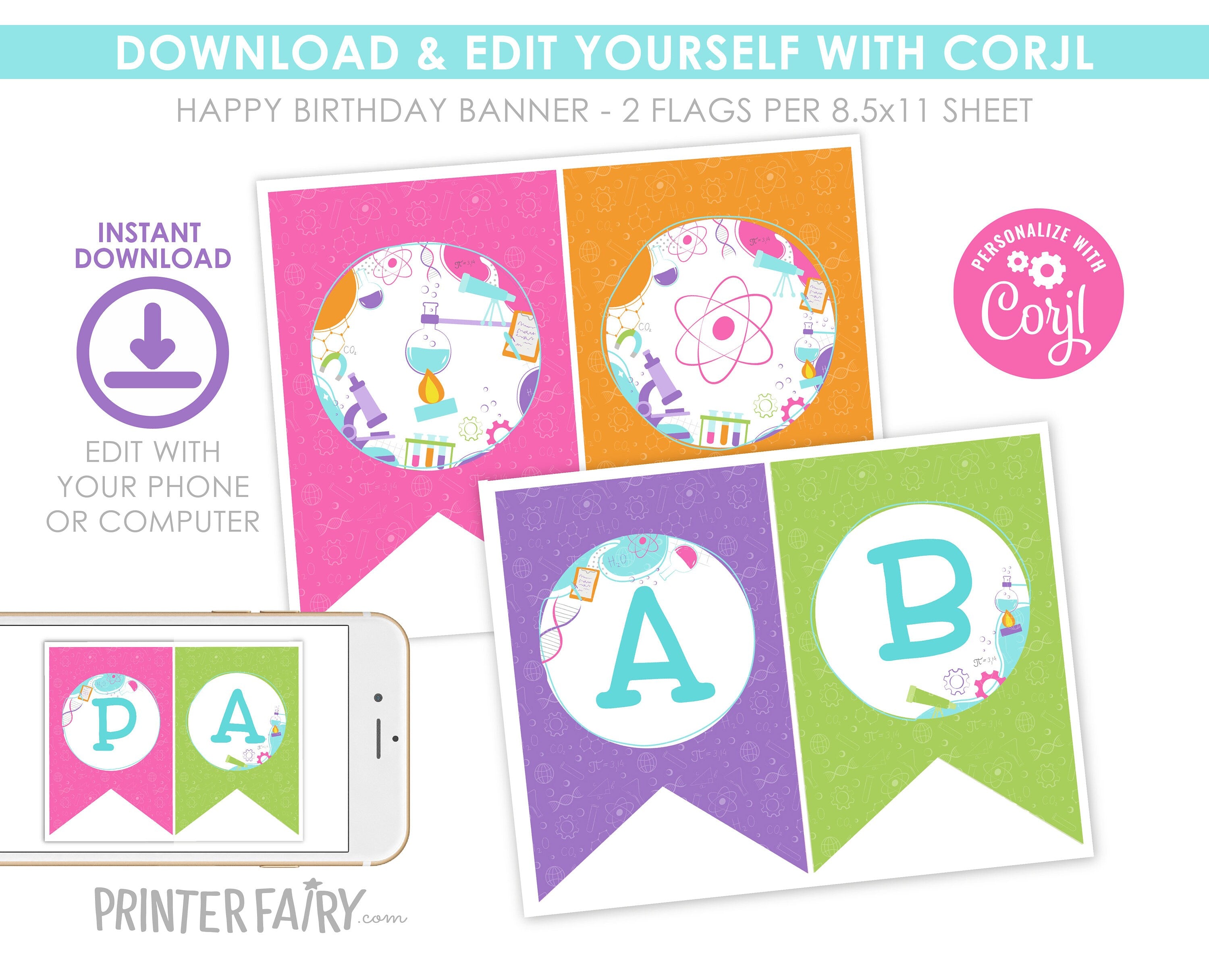 Editable Science Birthday Party Banner, Printable Bunting (Digital Download)
