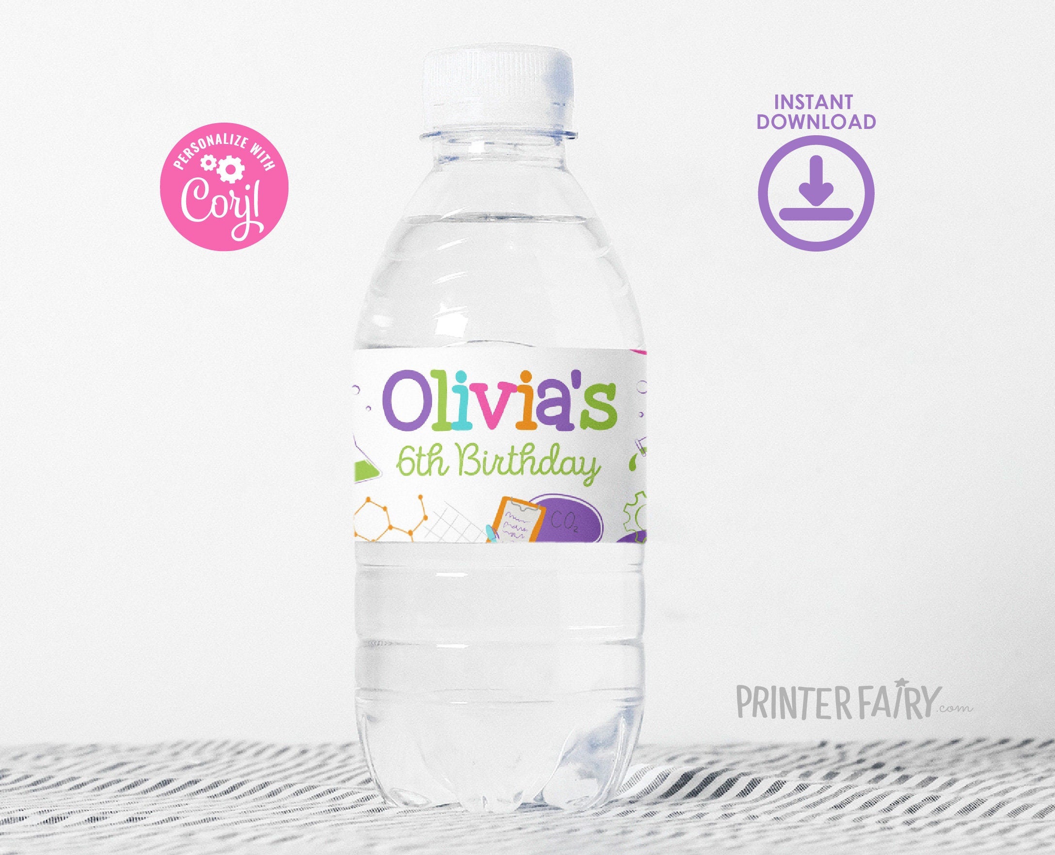 Editable Science Birthday Party Water Bottle Label (Digital)