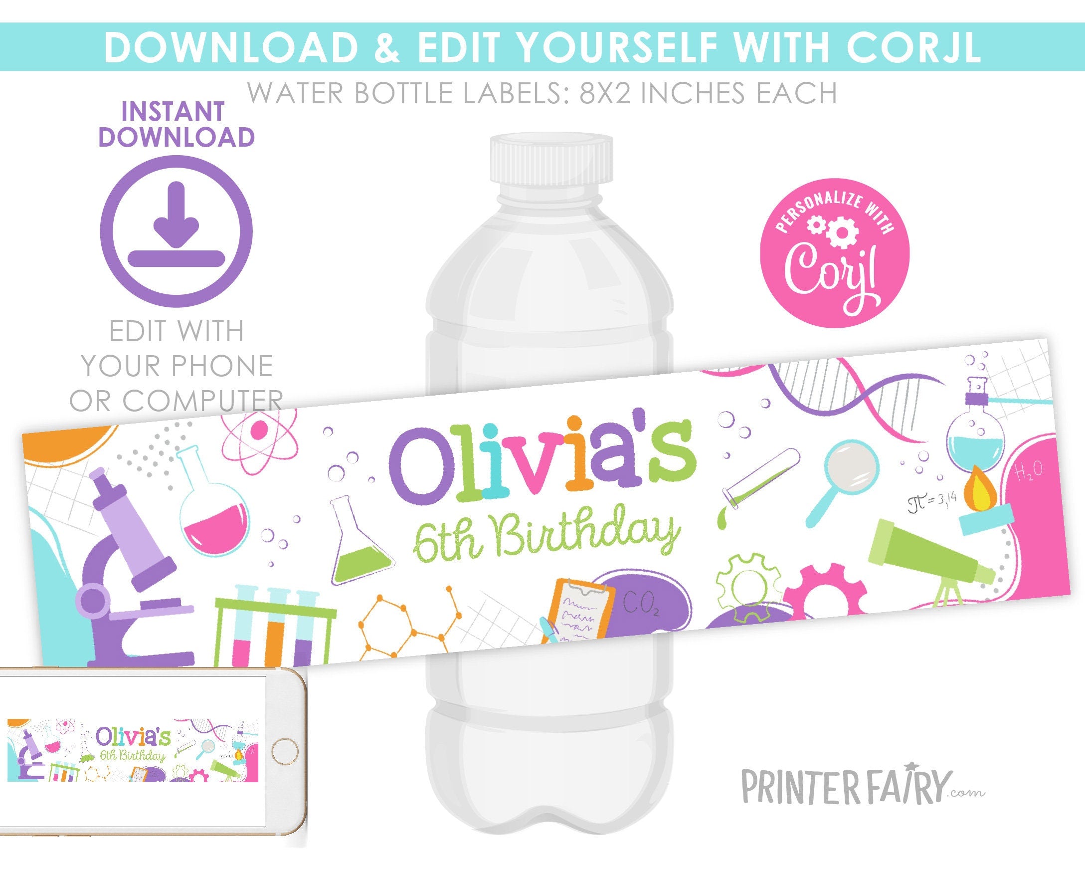 Editable Science Birthday Party Water Bottle Label (Digital)