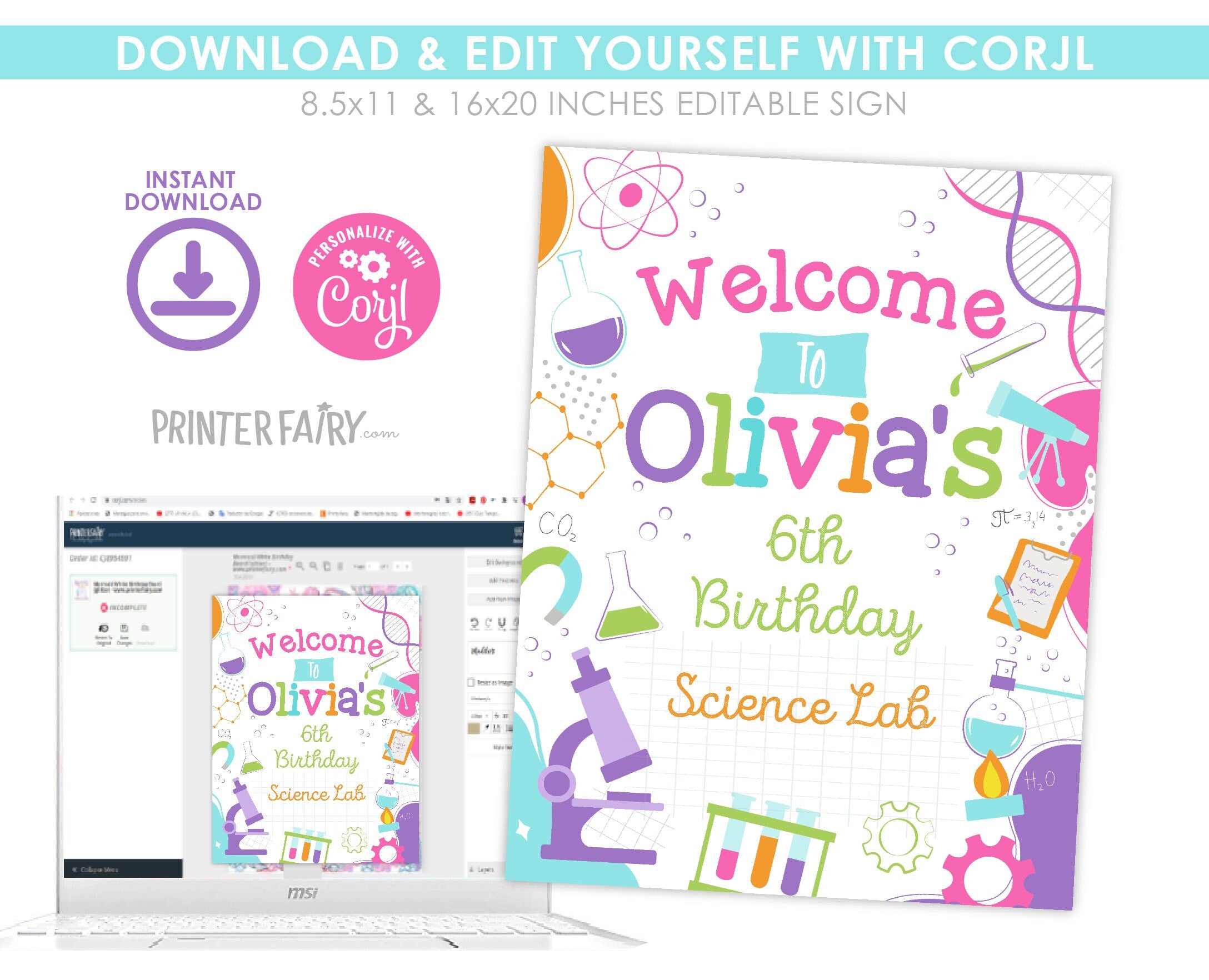 Editable Science Birthday Welcome Sign (Digital Download)