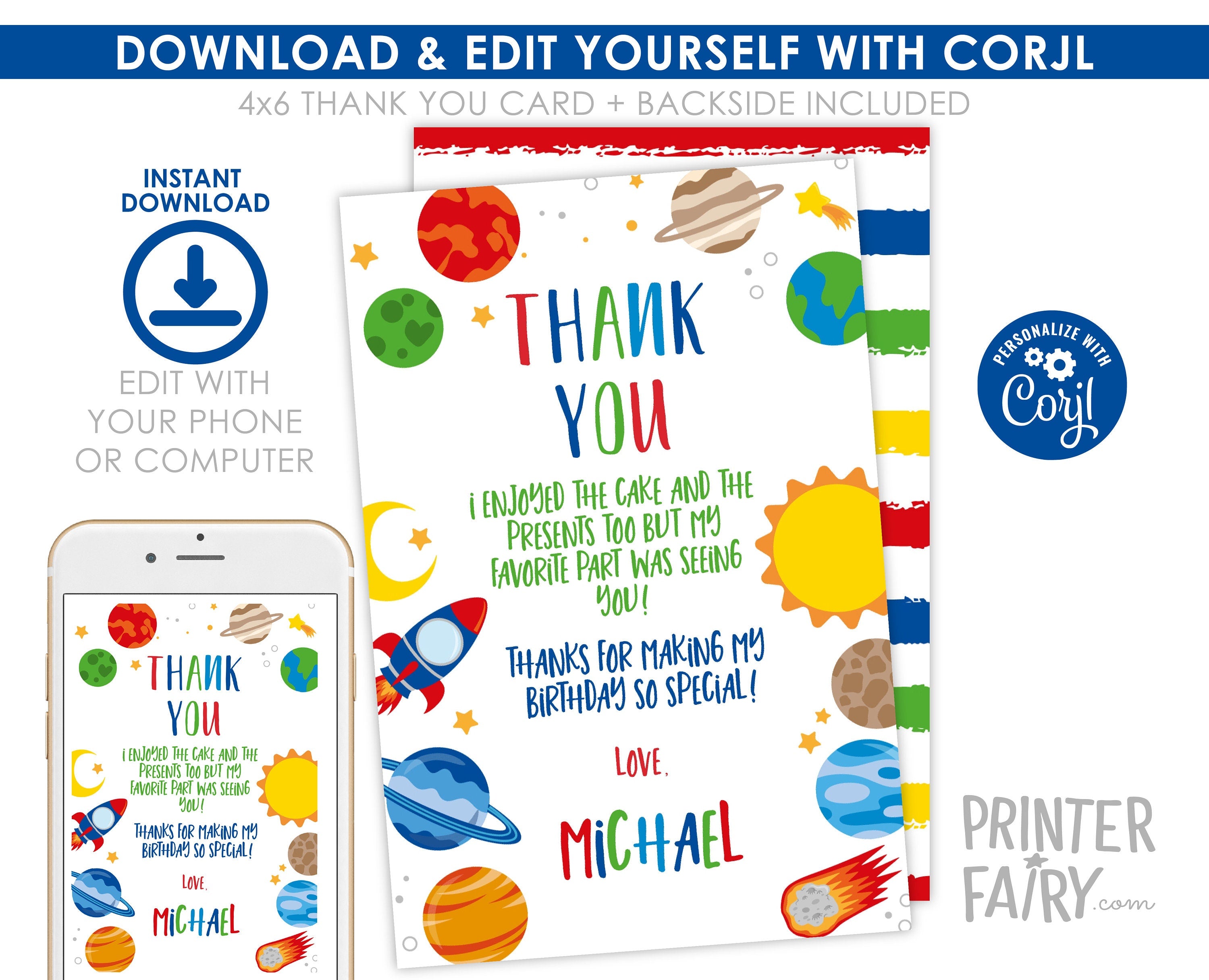 Editable Space Birthday Thank You Card, Galaxy Theme (Instant Download)