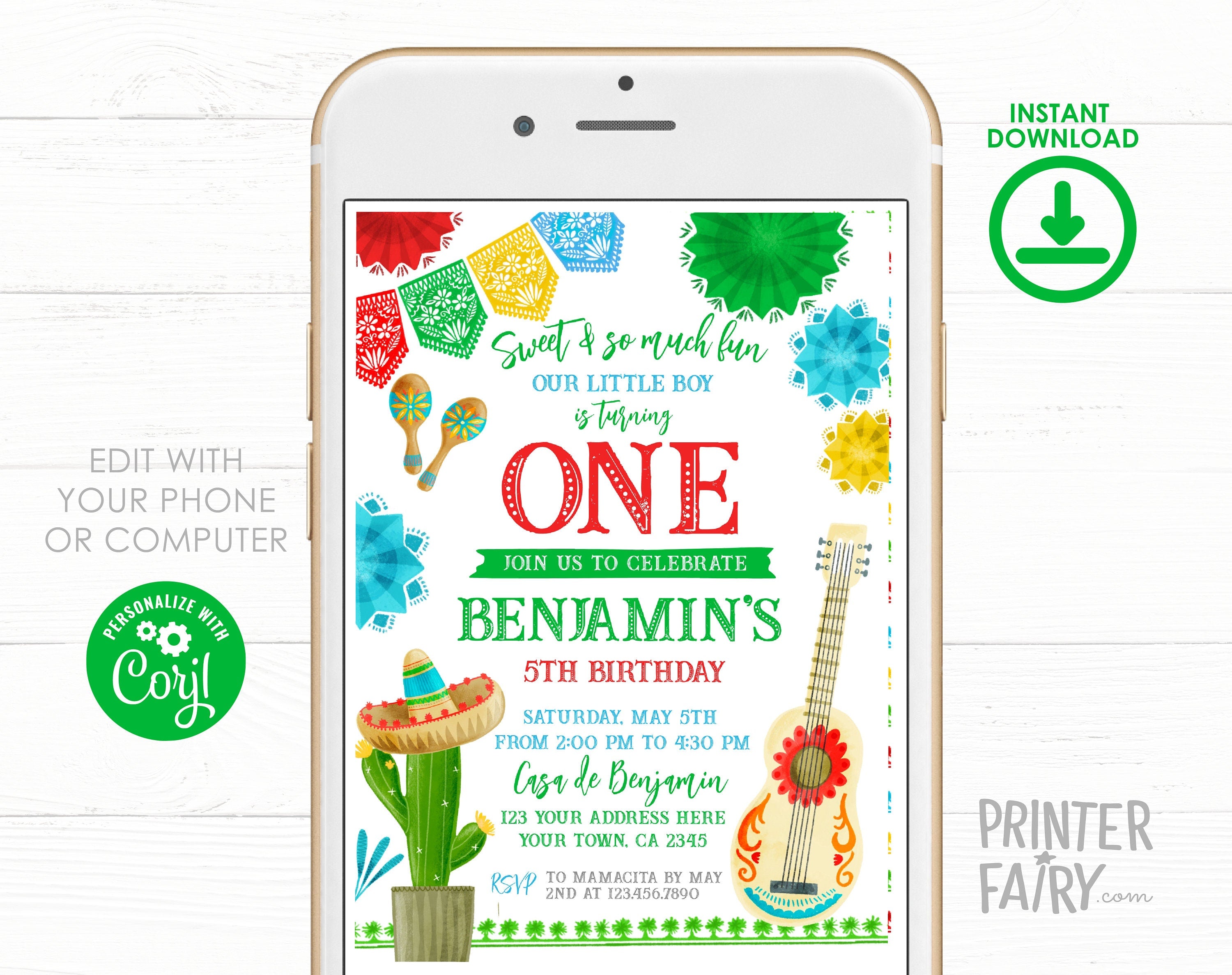 Editable Fiesta First Birthday Invitation, Mexican Theme (Digital Item)