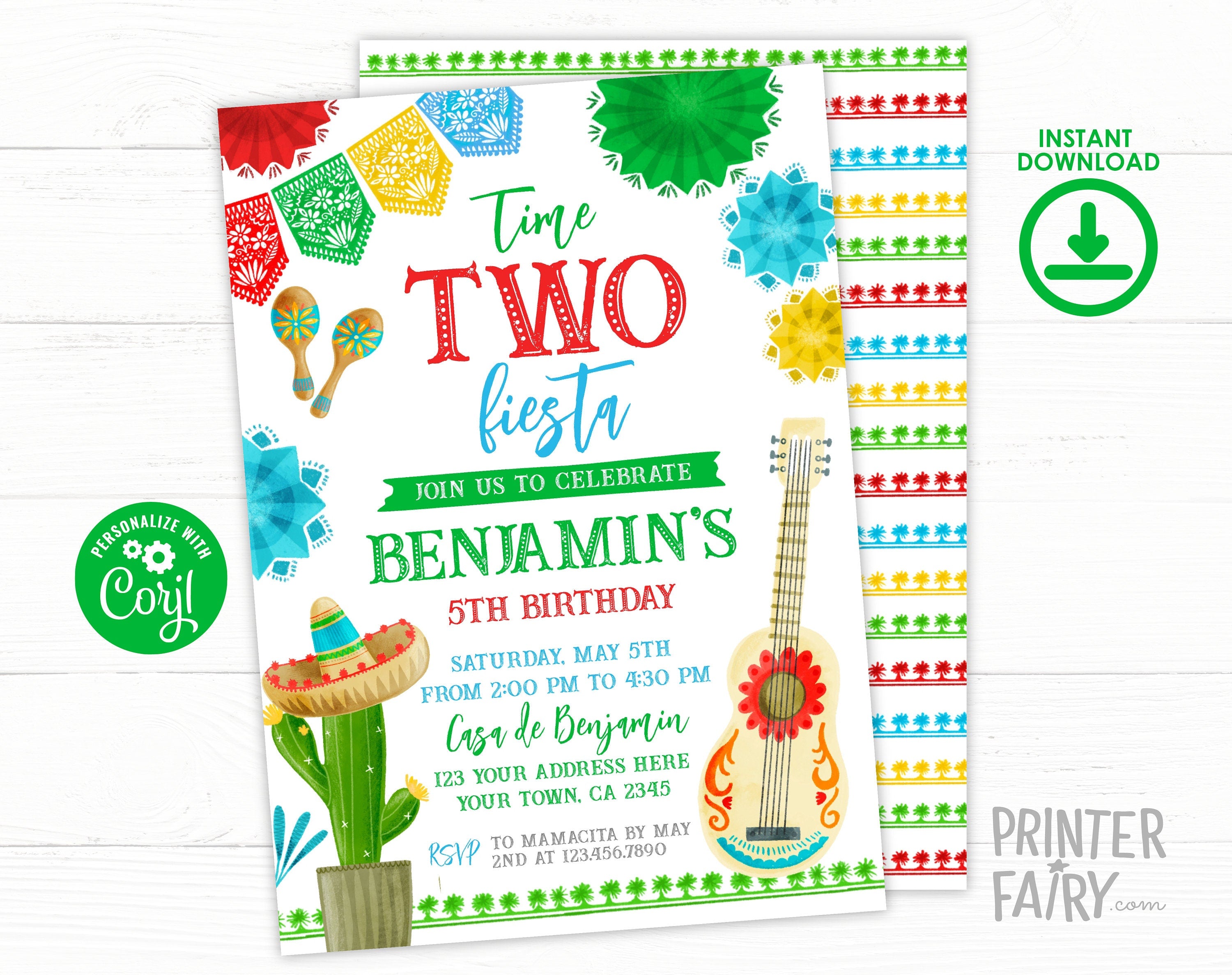 Mexican Fiesta 2nd Birthday Party Invitation Editable Template INSTANT DOWNLOAD