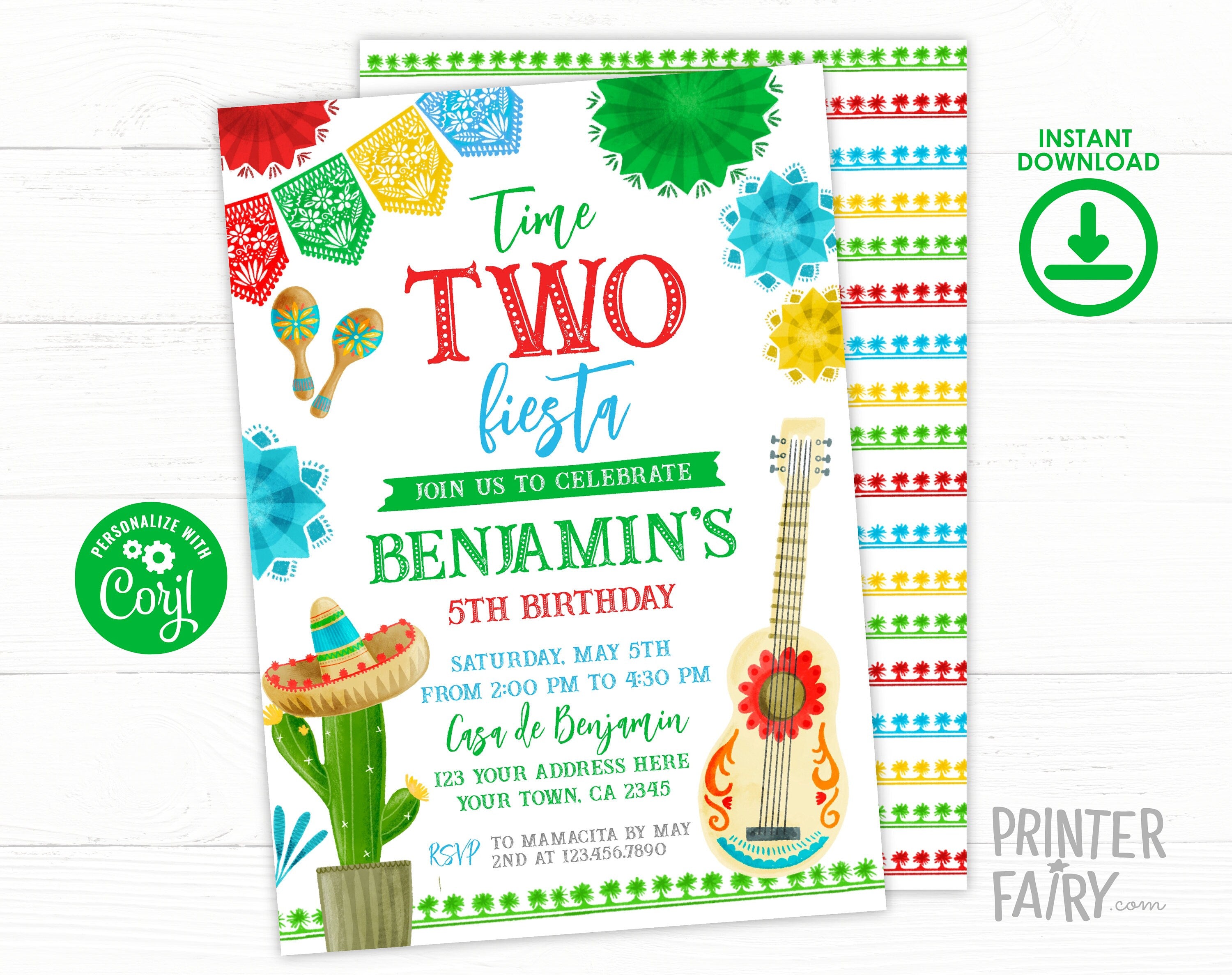 Mexican Fiesta 2nd Birthday Party Invitation Editable Template INSTANT DOWNLOAD