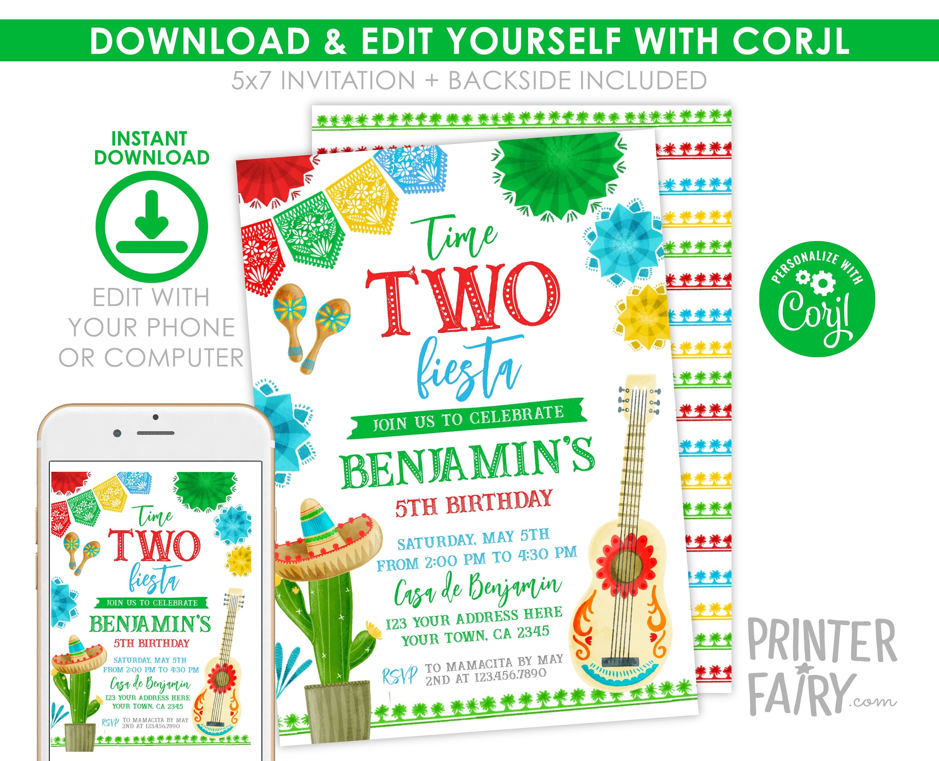 Mexican Fiesta 2nd Birthday Party Invitation Editable Template INSTANT DOWNLOAD