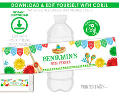 Editable Fiesta Birthday Water Bottle Labels, Mexican Party Decorations (Digital Download)