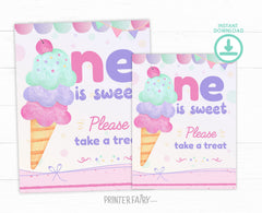 Ice Cream Birthday Sign, One is Sweet, Summer Party Decor (Instant Download)