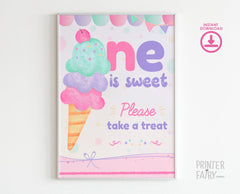 Ice Cream Birthday Sign, One is Sweet, Summer Party Decor (Instant Download)