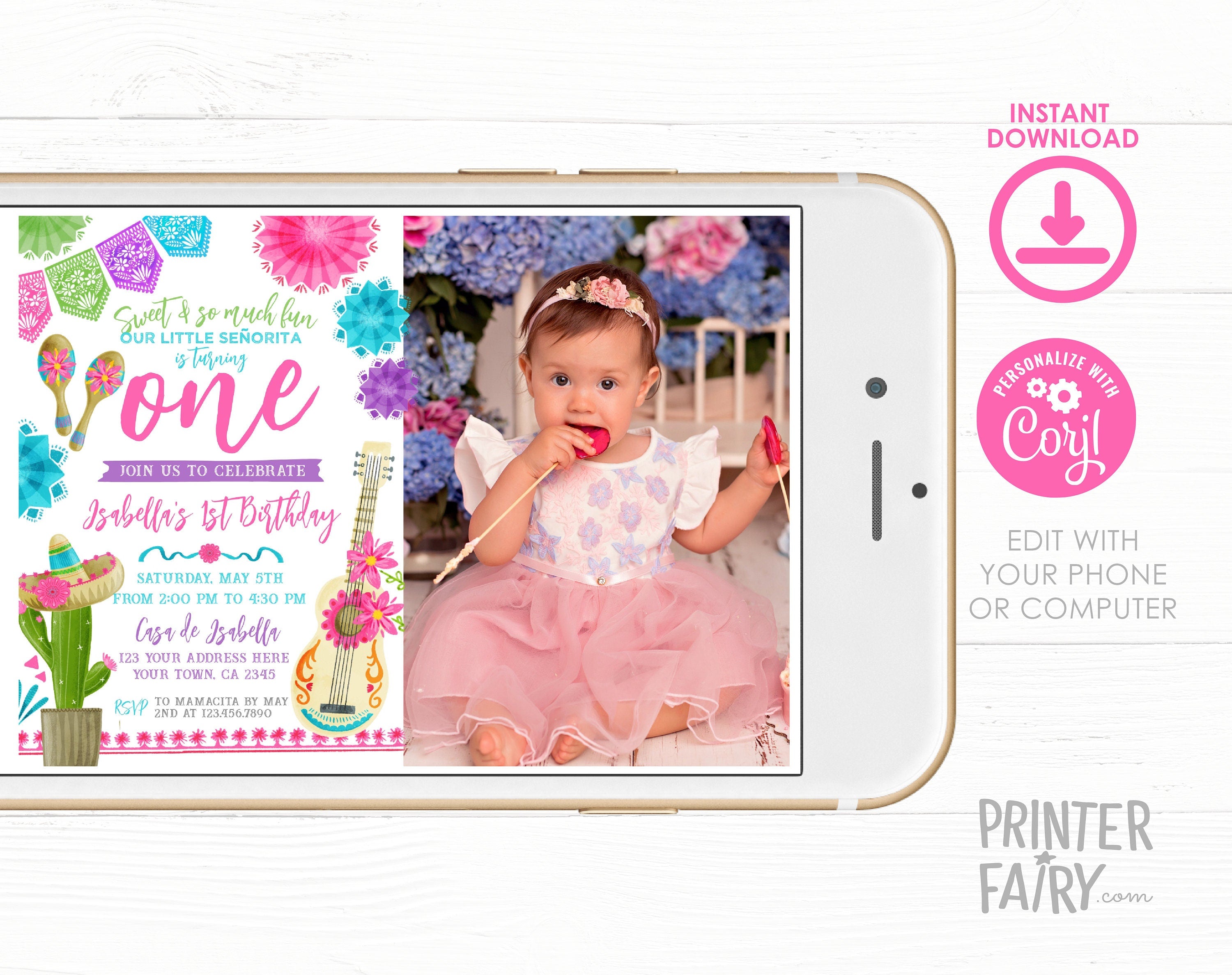 Editable Fiesta First Birthday Invitation with Photo (Digital Download)