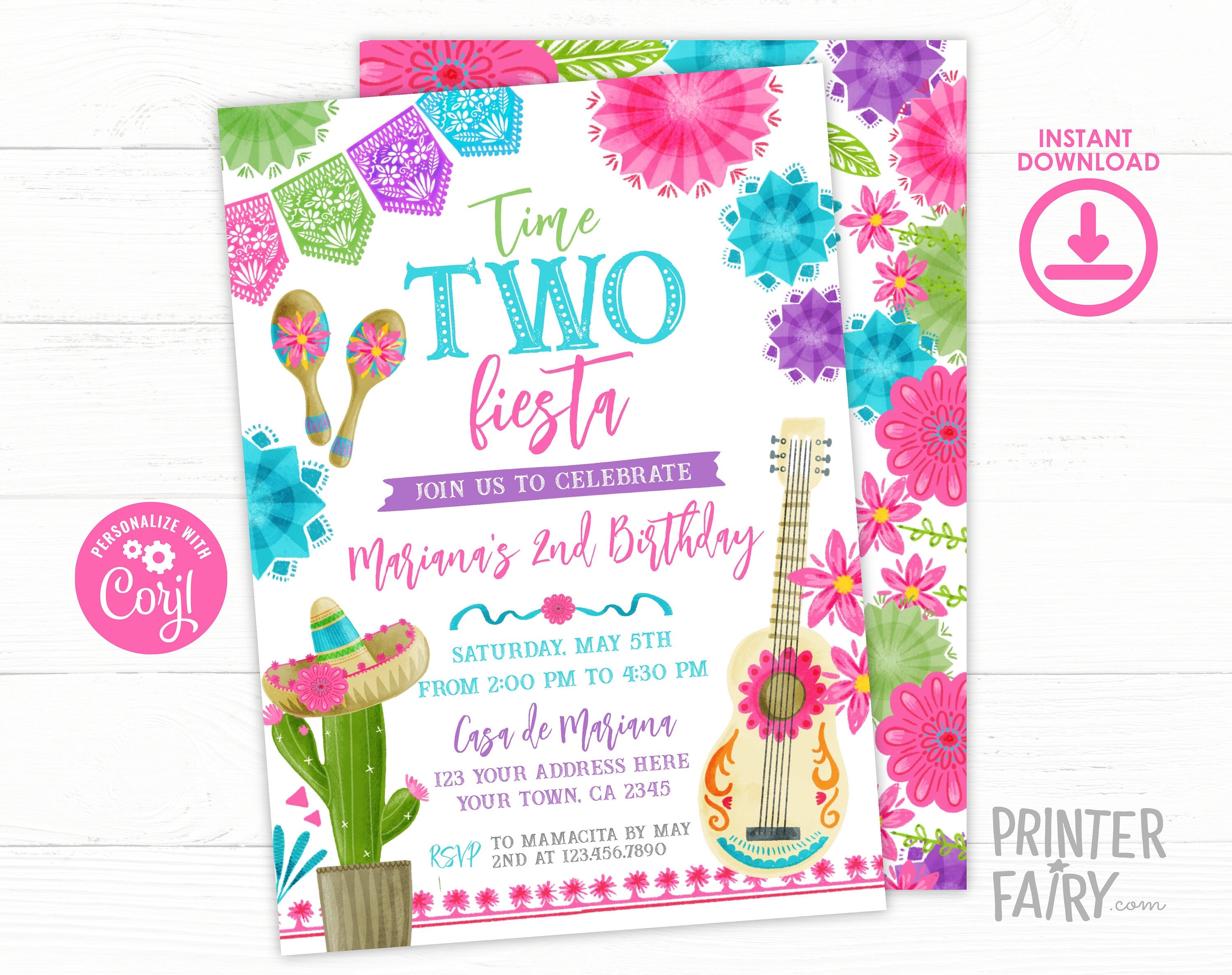 Cinco de Mayo 2nd Birthday Fiesta Invitation Editable Template, INSTANT DOWNLOAD