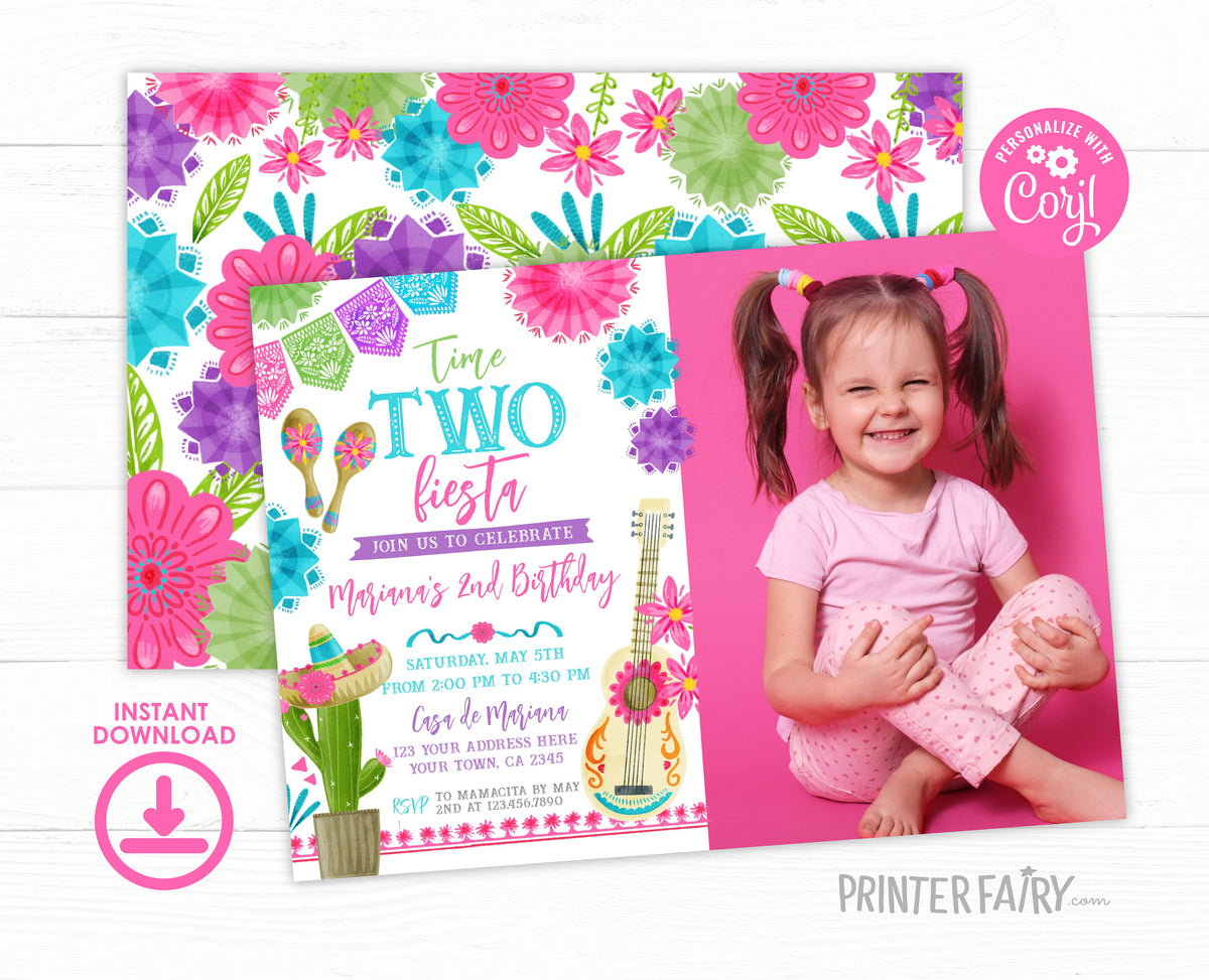 Fiesta Second Birthday Invitation with Photo, Editable Cinco de Mayo (Digital Item)