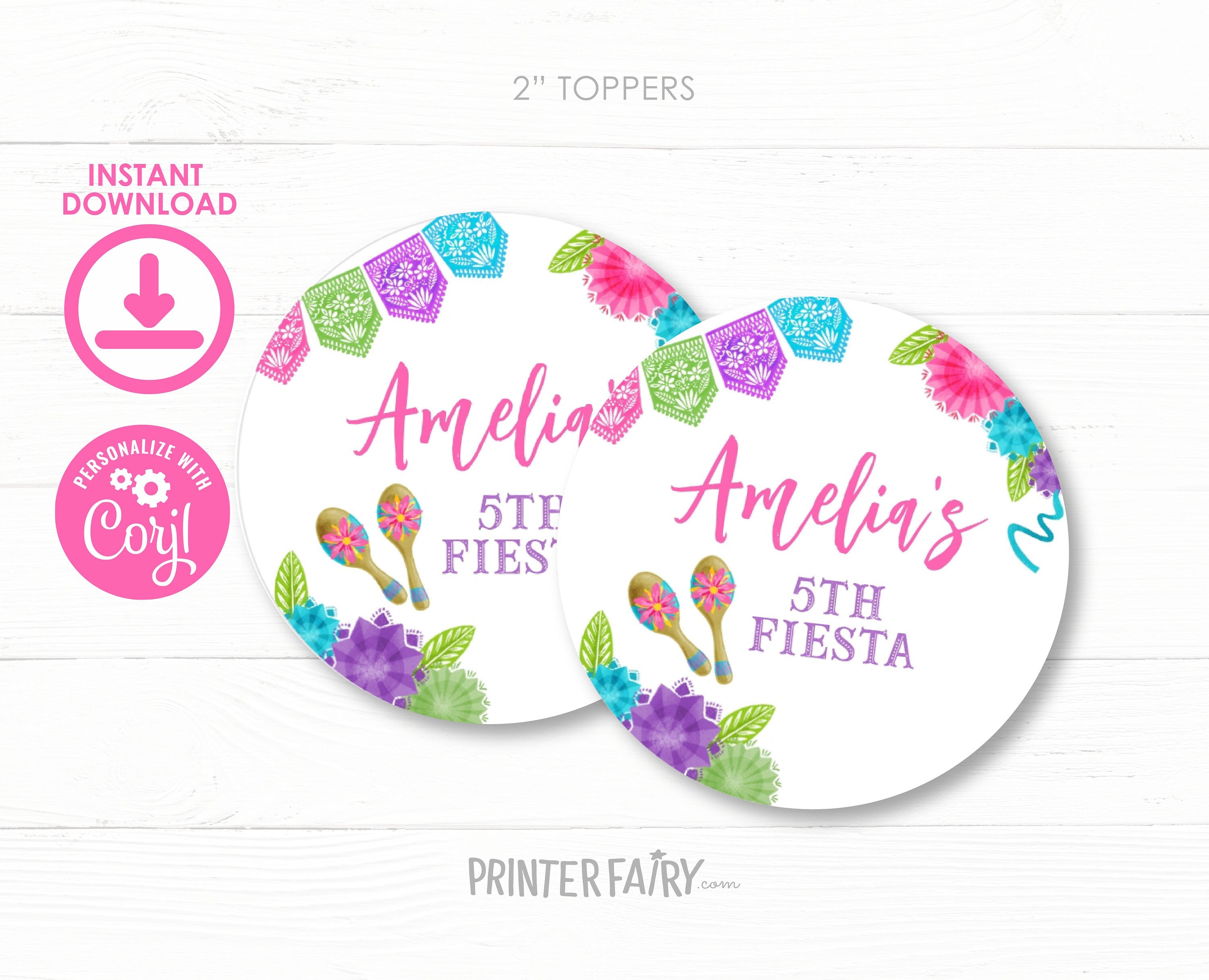 Fiesta Cinco de Mayo Party Toppers Round Tags Editable Templates, Instant Download