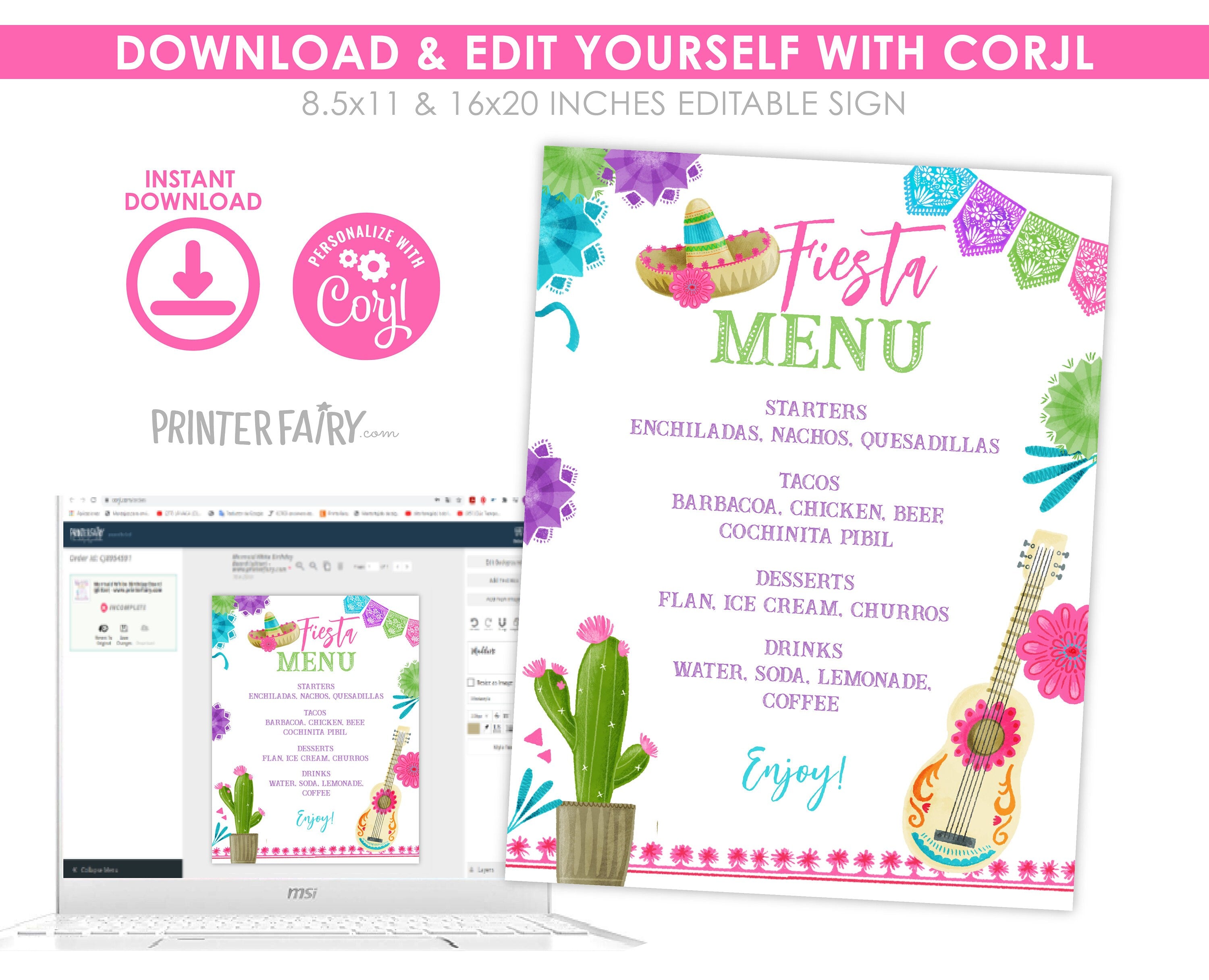 Fiesta Cinco de Mayo Birthday Party Menu Editable Template, Instant Download