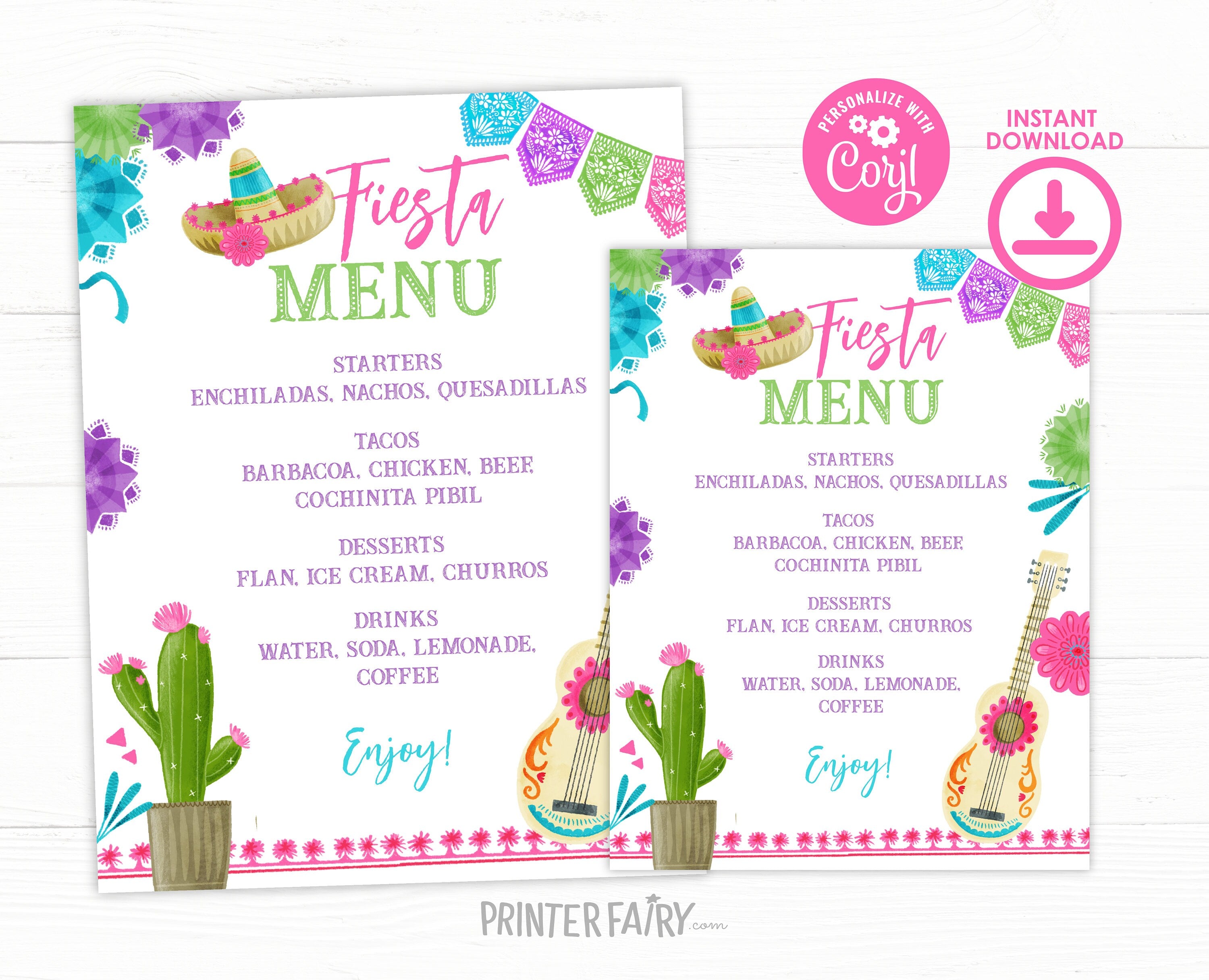 Fiesta Cinco de Mayo Birthday Party Menu Editable Template, Instant Download