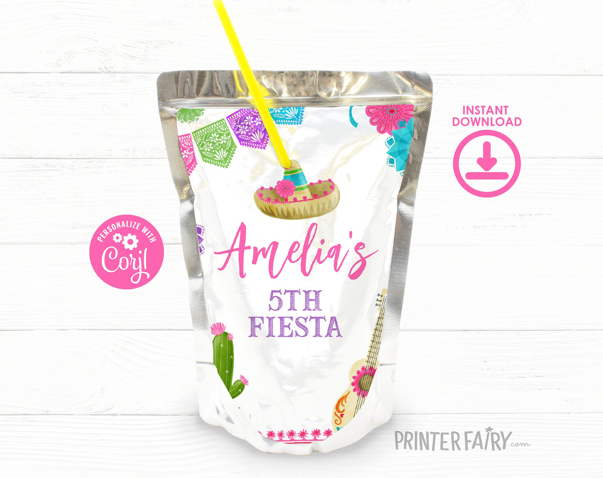 Fiesta Birthday Drink Pouch Label, Editable Template (Digital Download)