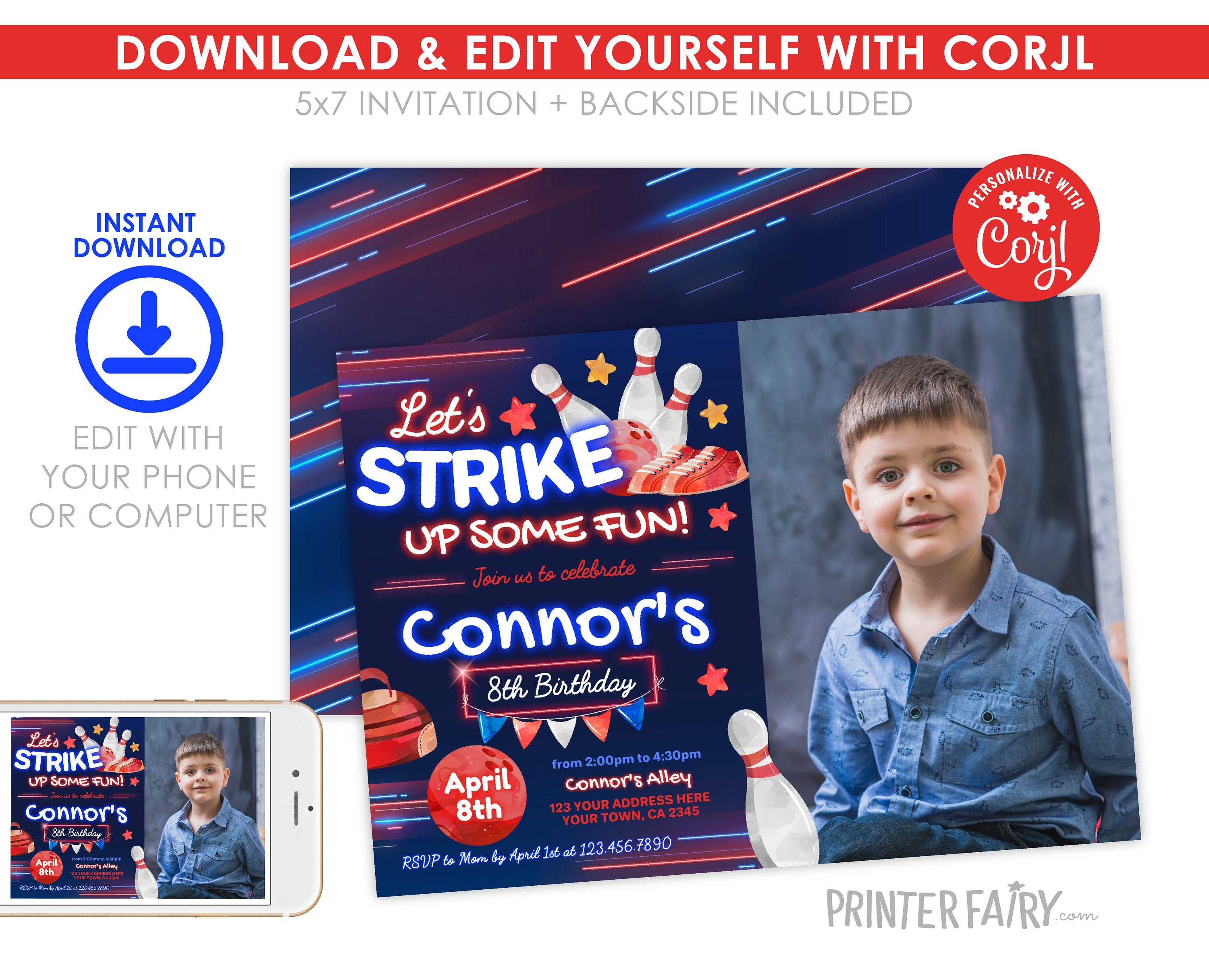 Bowling Birthday Photo Invitation, Editable Template (Digital Download)