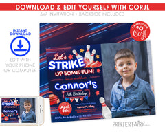 Bowling Birthday Photo Invitation, Editable Template (Digital Download)