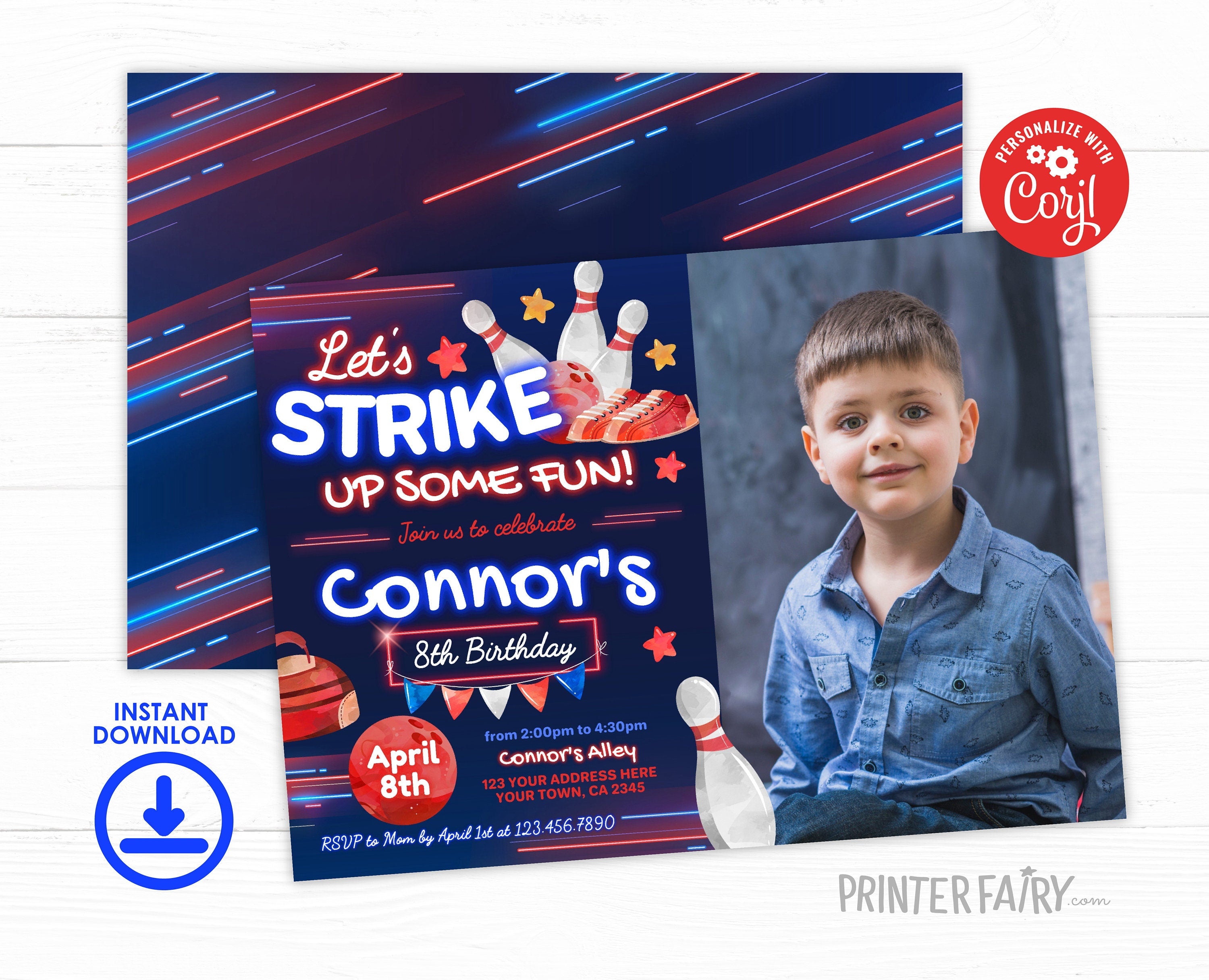 Bowling Birthday Photo Invitation, Editable Template (Digital Download)