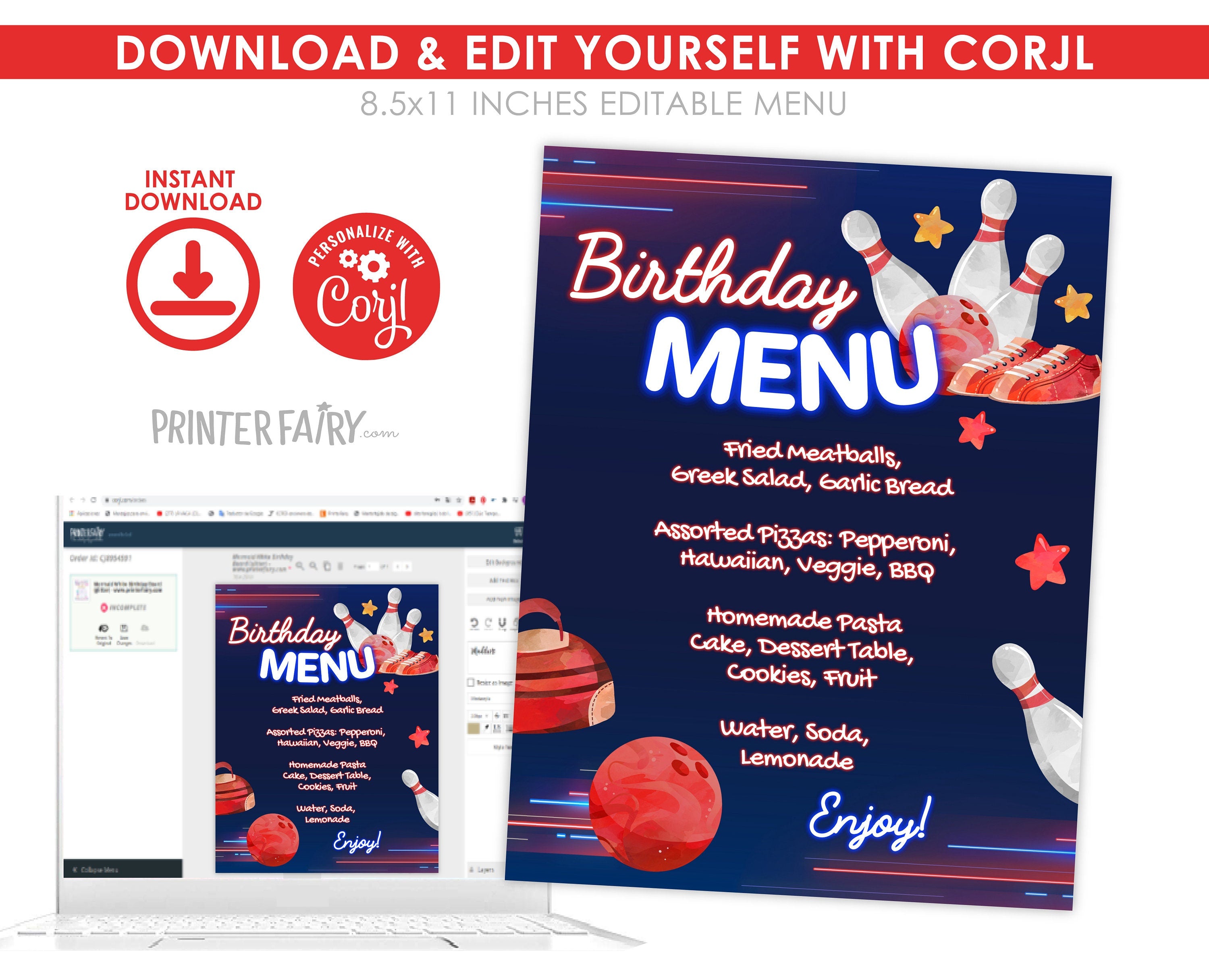 Bowling Birthday Party Menu, Editable Printable (Instant Download)