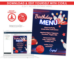 Bowling Birthday Party Menu, Editable Printable (Instant Download)