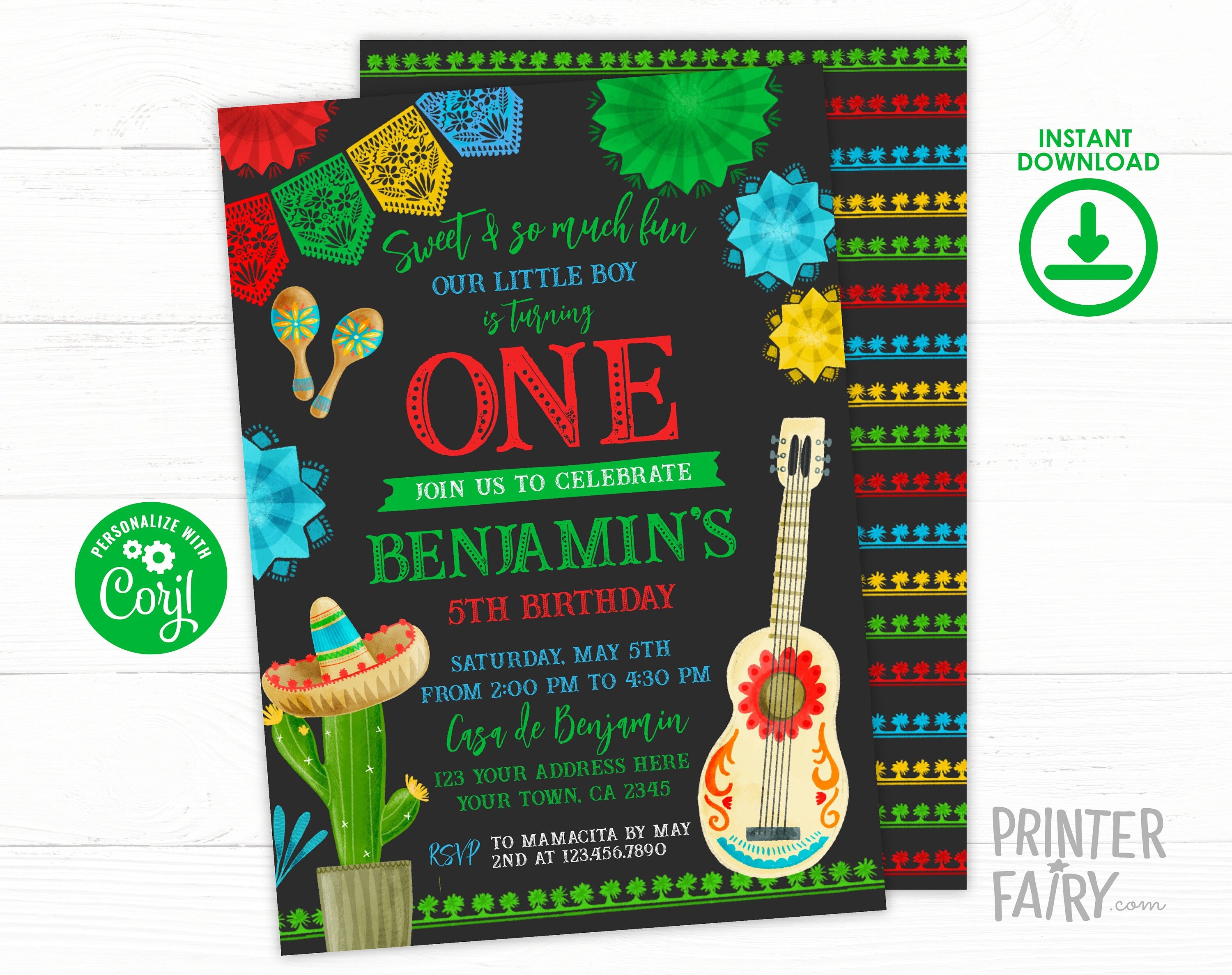 Cinco de Mayo Fiesta 1st Birthday Party Invitation EDITABLE Template, INSTANT DOWNLOAD