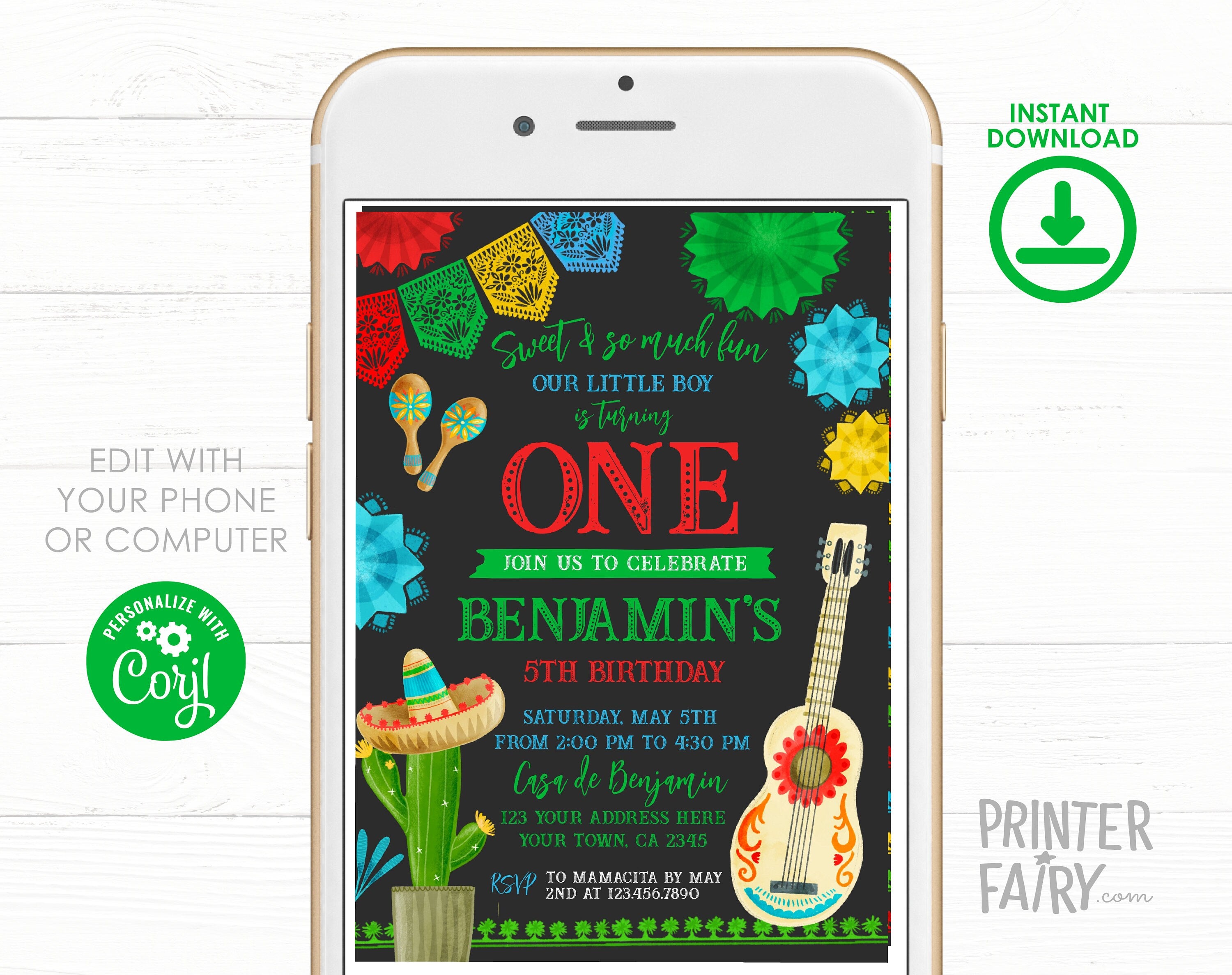 Cinco de Mayo Fiesta 1st Birthday Party Invitation EDITABLE Template, INSTANT DOWNLOAD