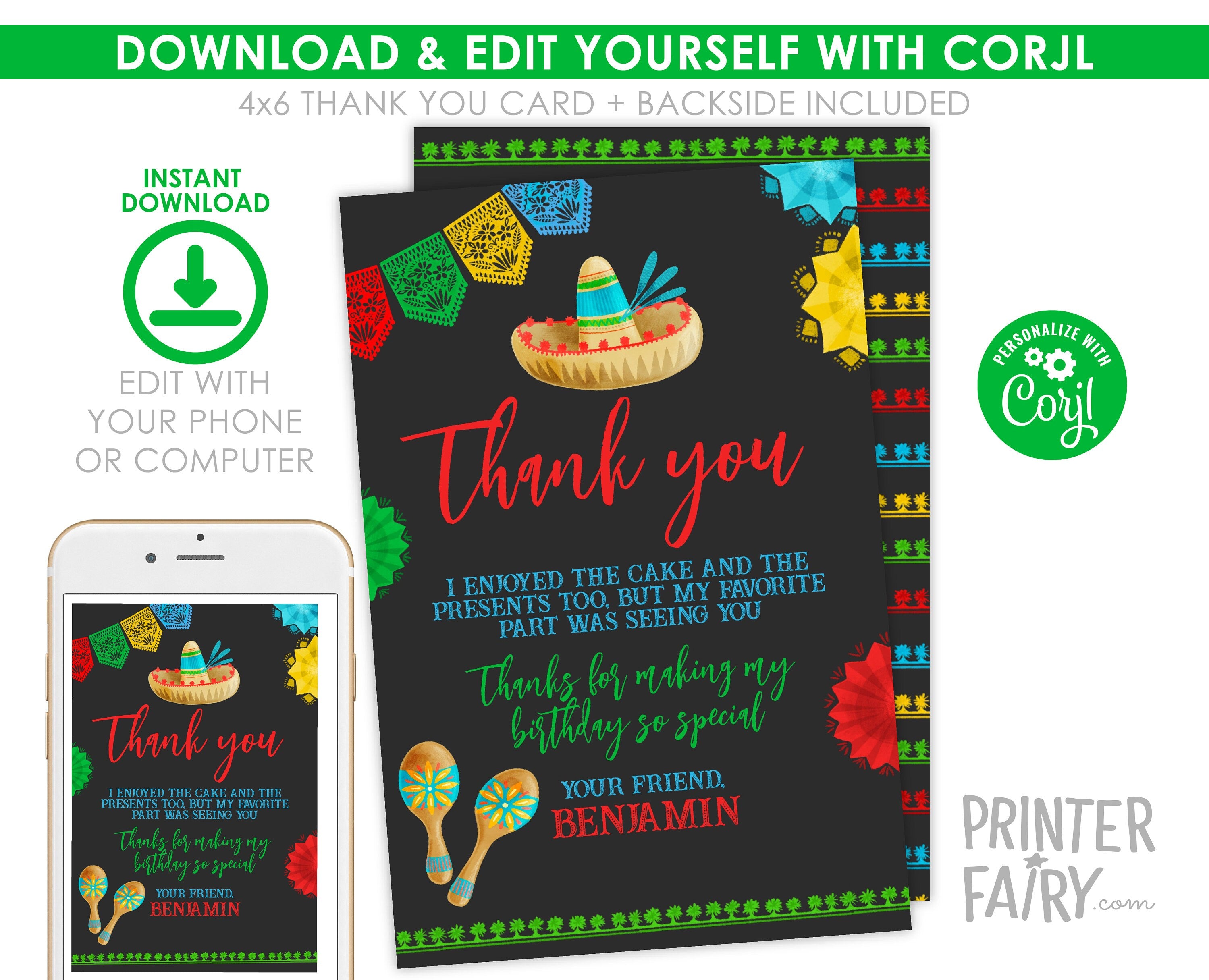 Fiesta Birthday Thank You Card, Editable Mexican Invitation (Digital)